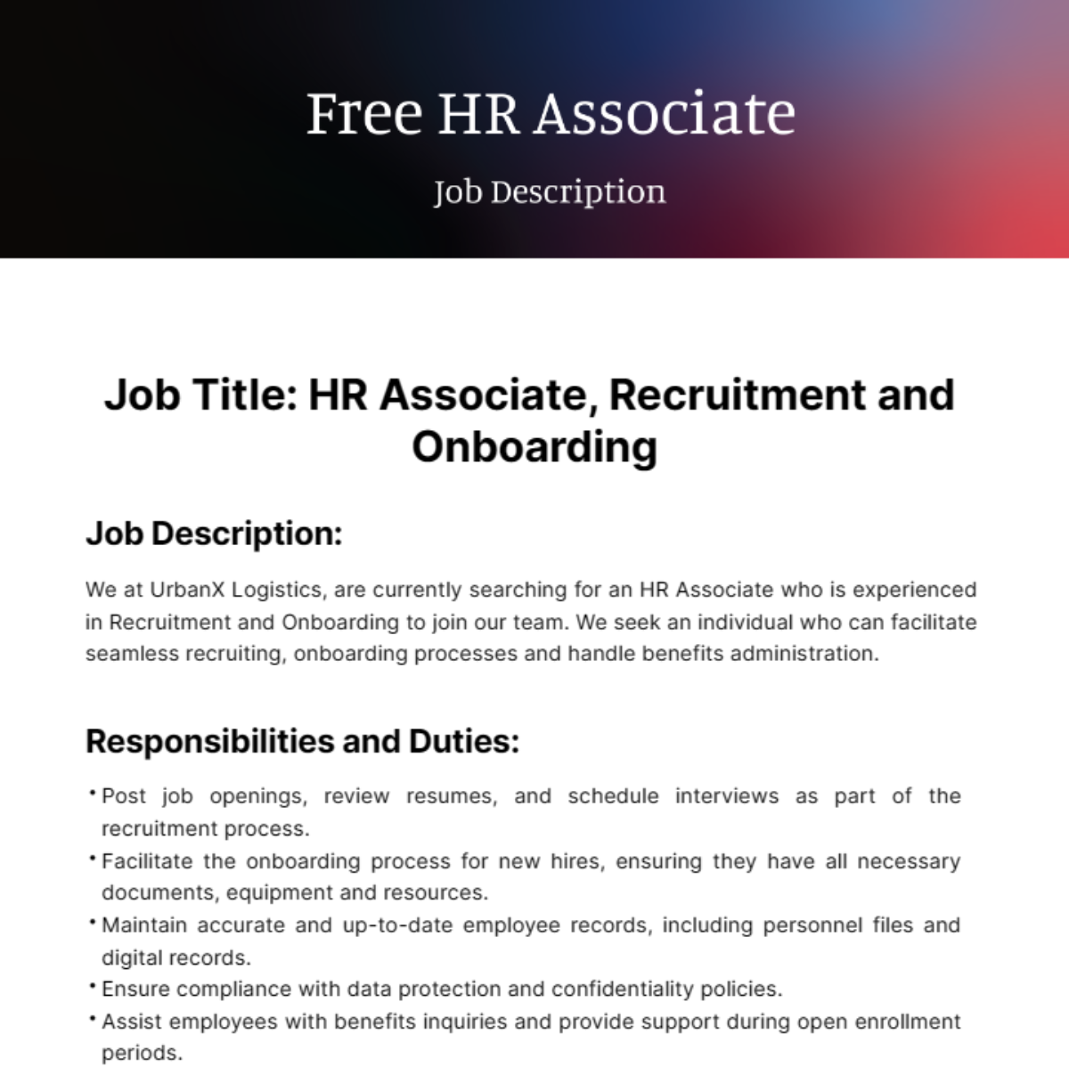 HR Associate Job Description Template