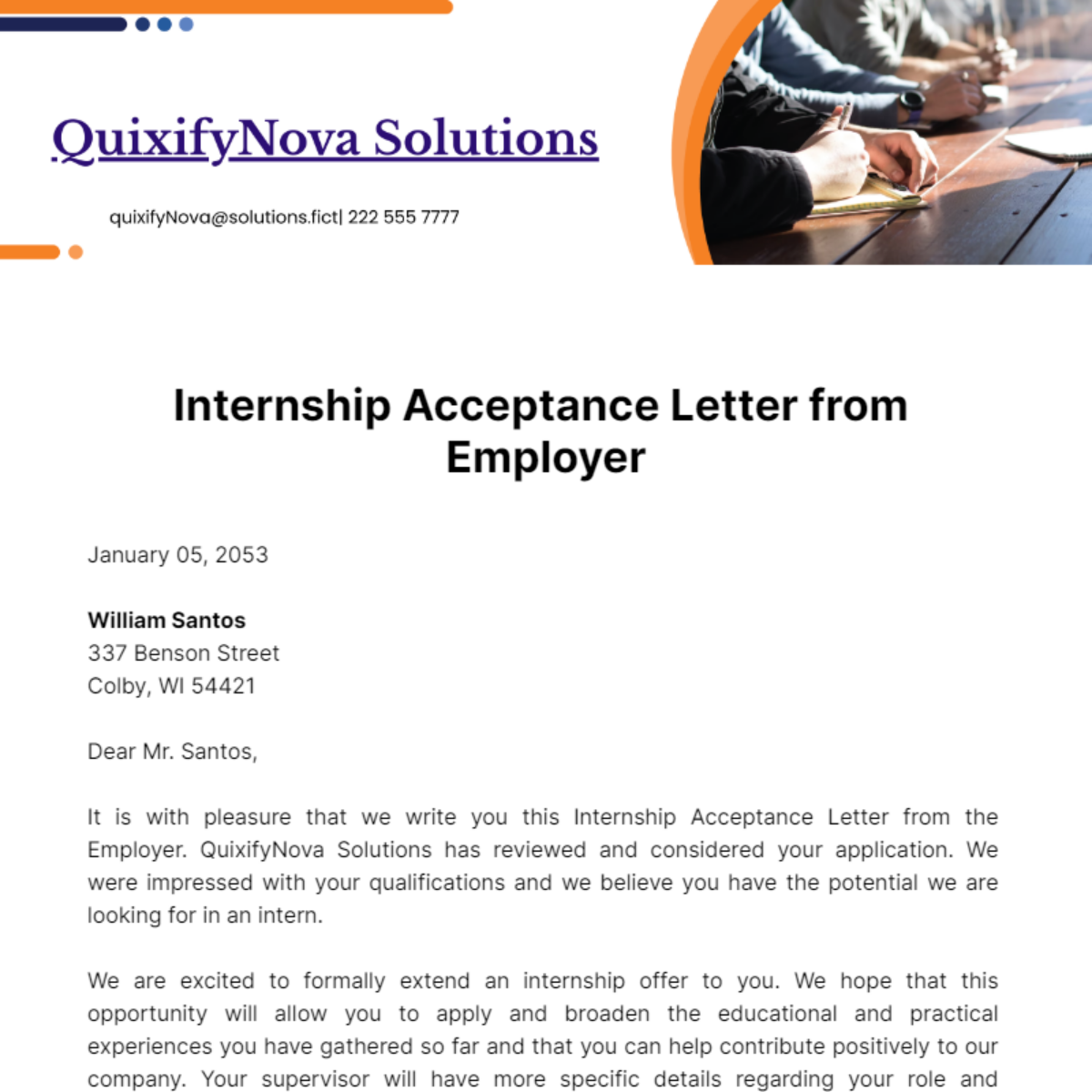 Internship Acceptance Letter from Employer Template