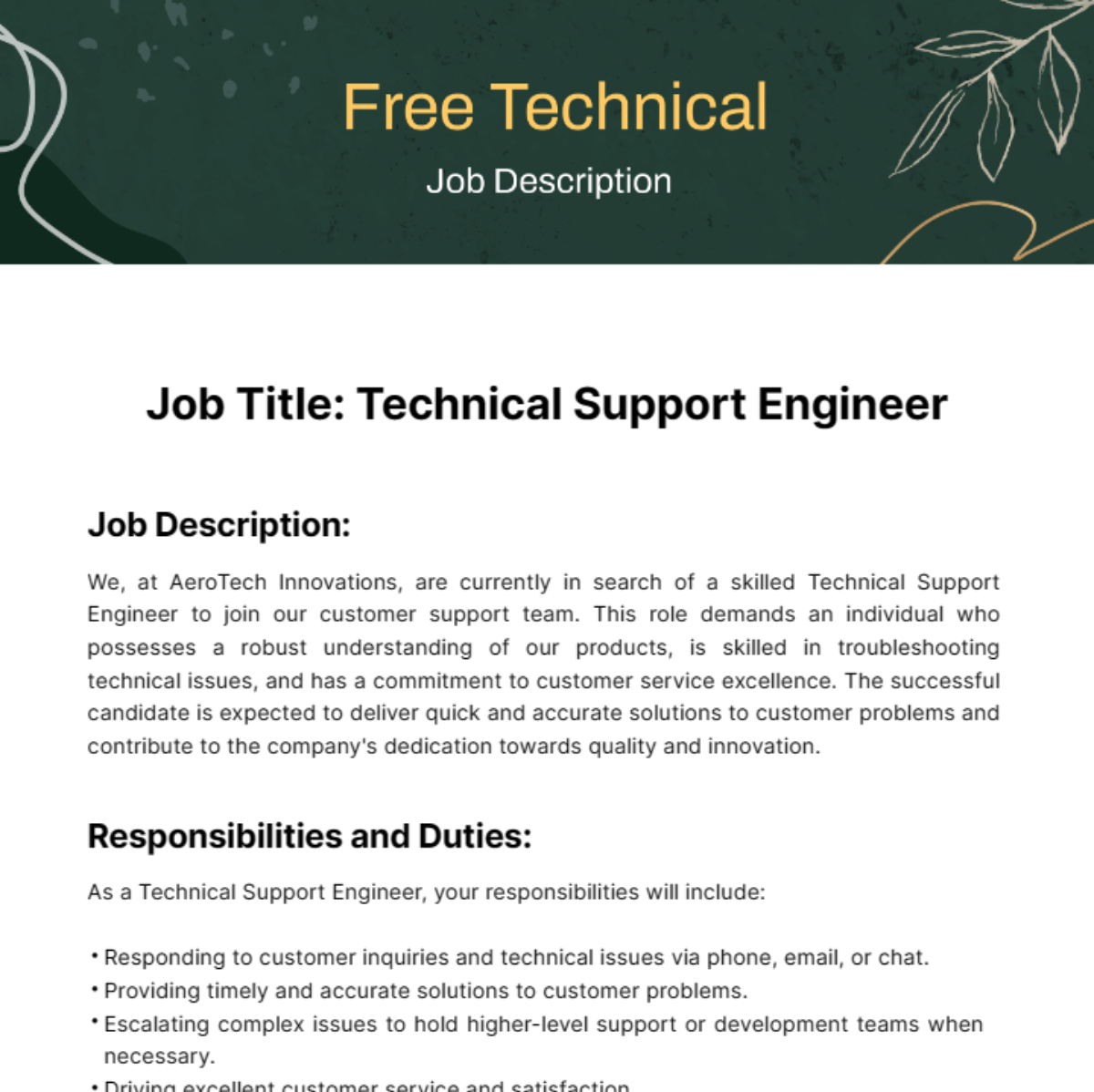 FREE Technical Job Description Templates Examples Edit Online 