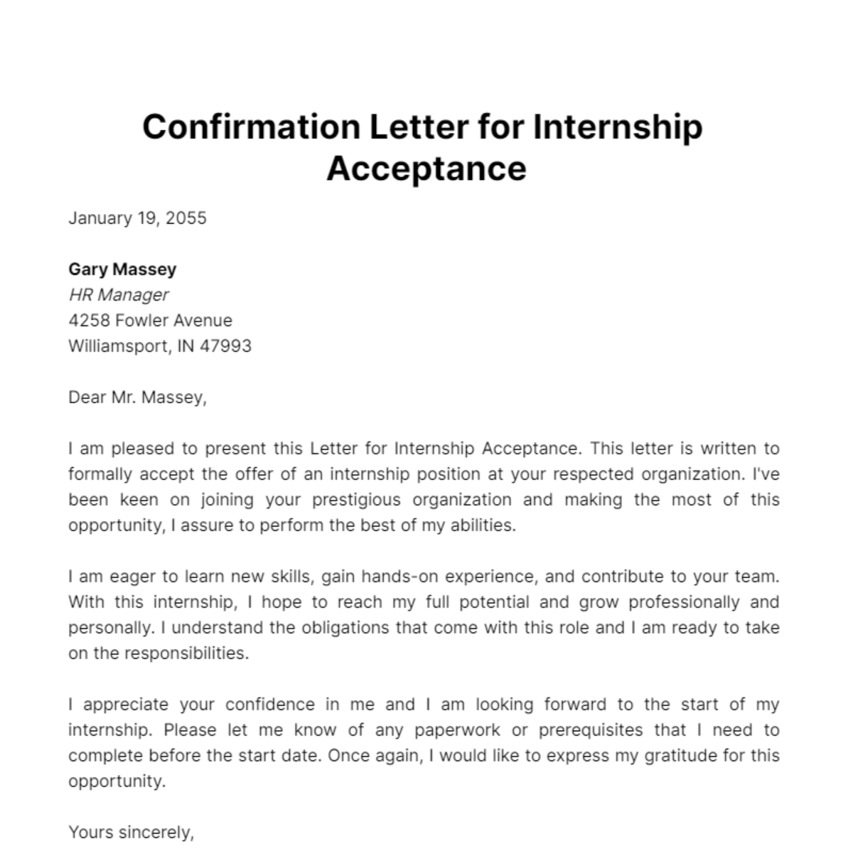 Free Confirmation Letter for Internship Acceptance Template
