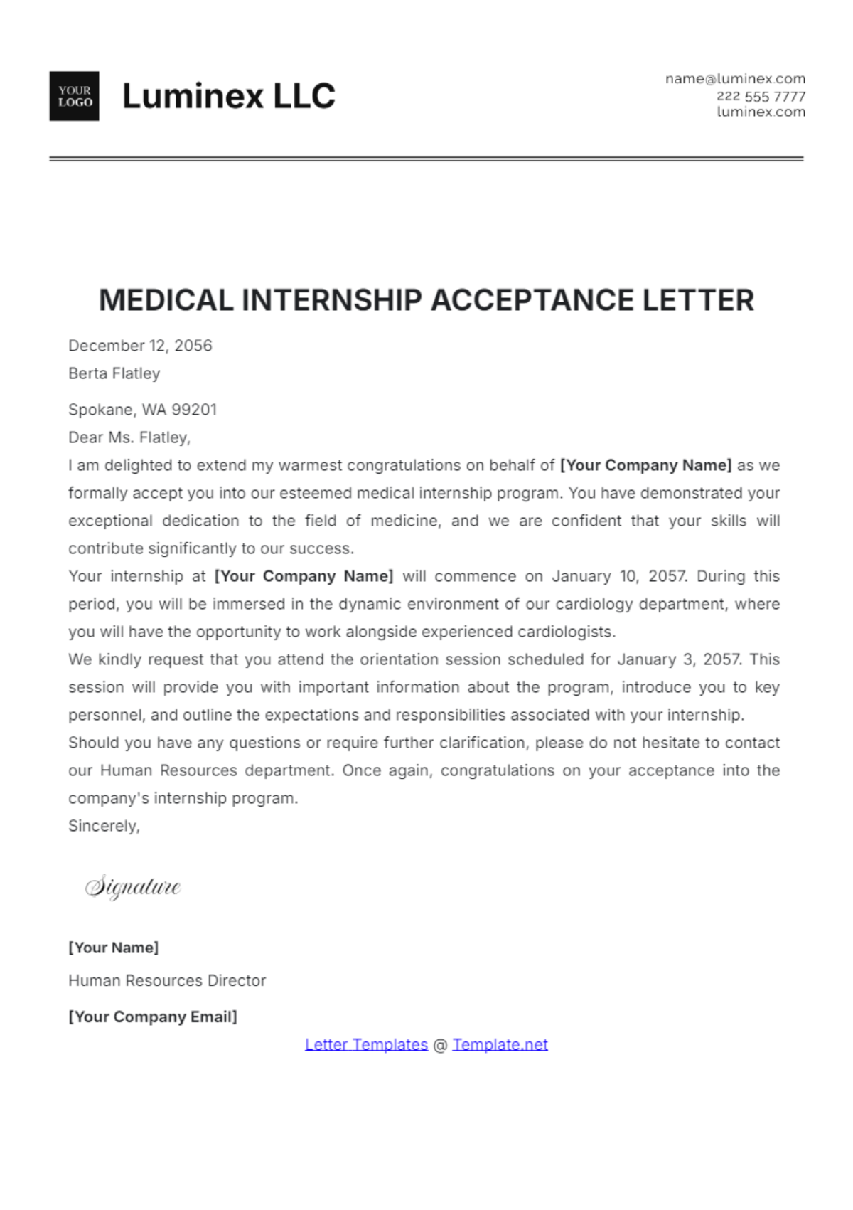 Medical Internship Acceptance Letter Template