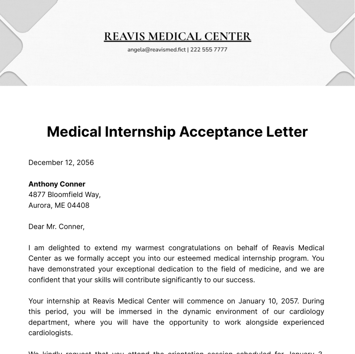 Medical Internship Acceptance Letter Template