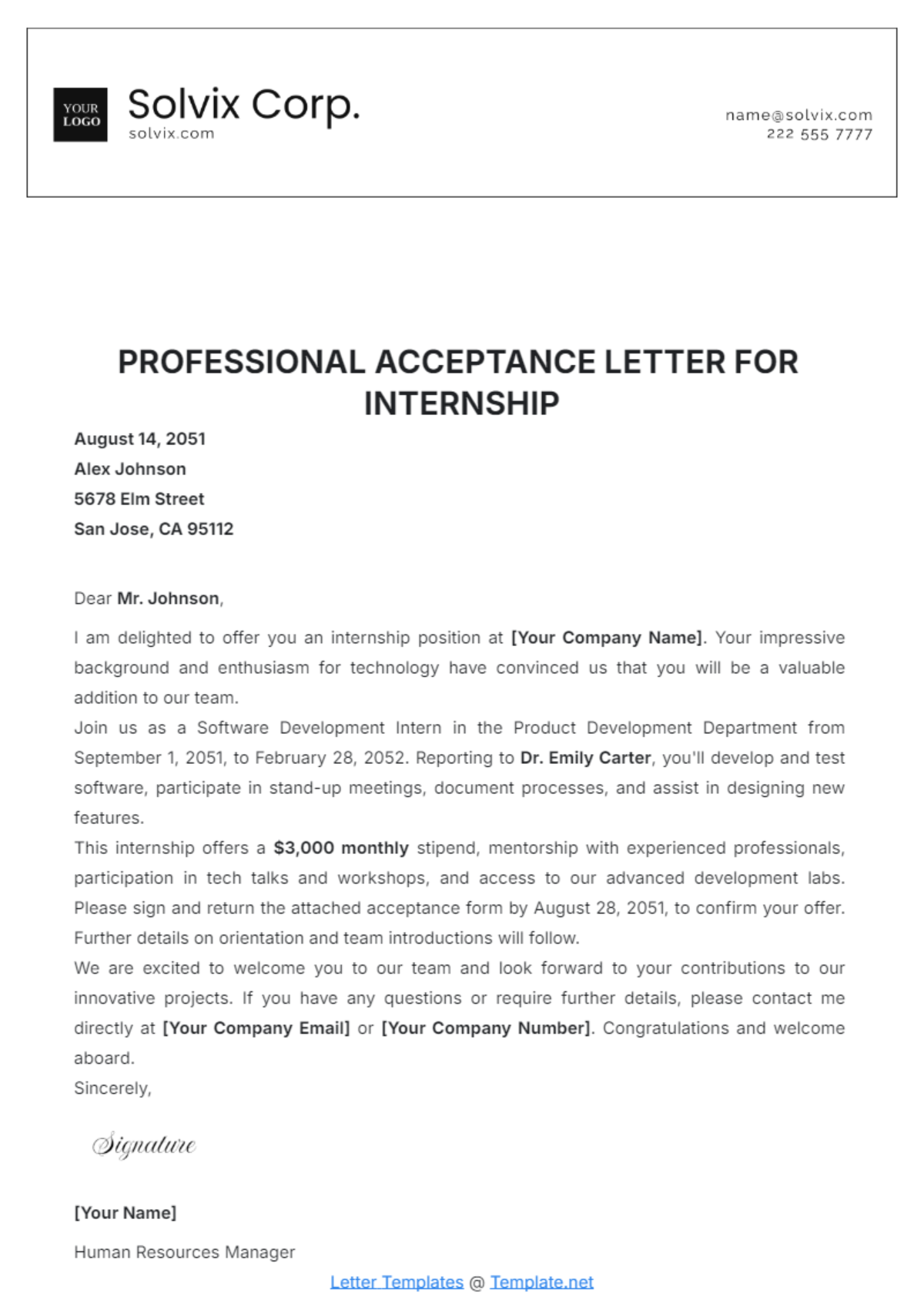 Professional Acceptance Letter for Internship Template - Edit Online & Download