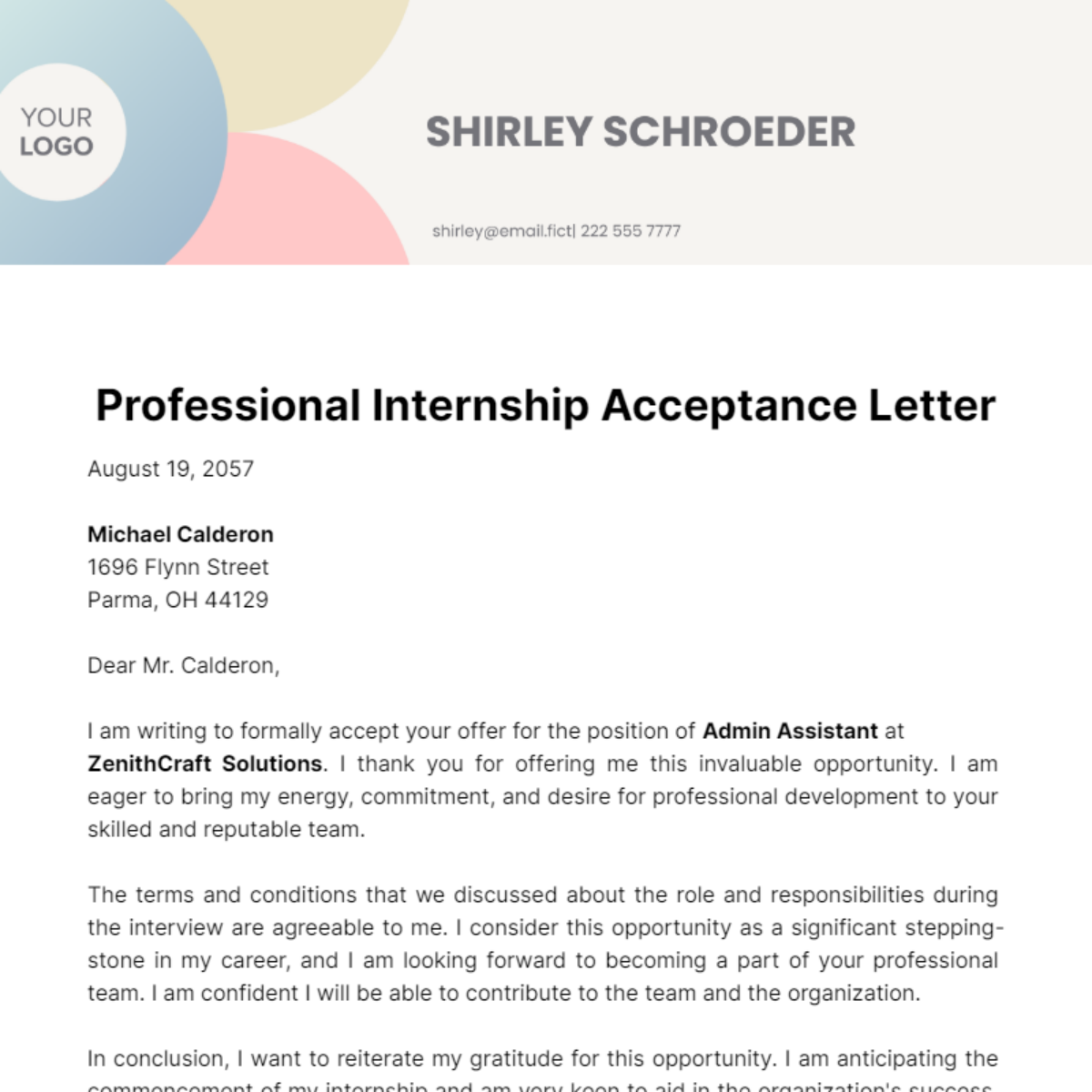 Professional Internship Acceptance Letter Template