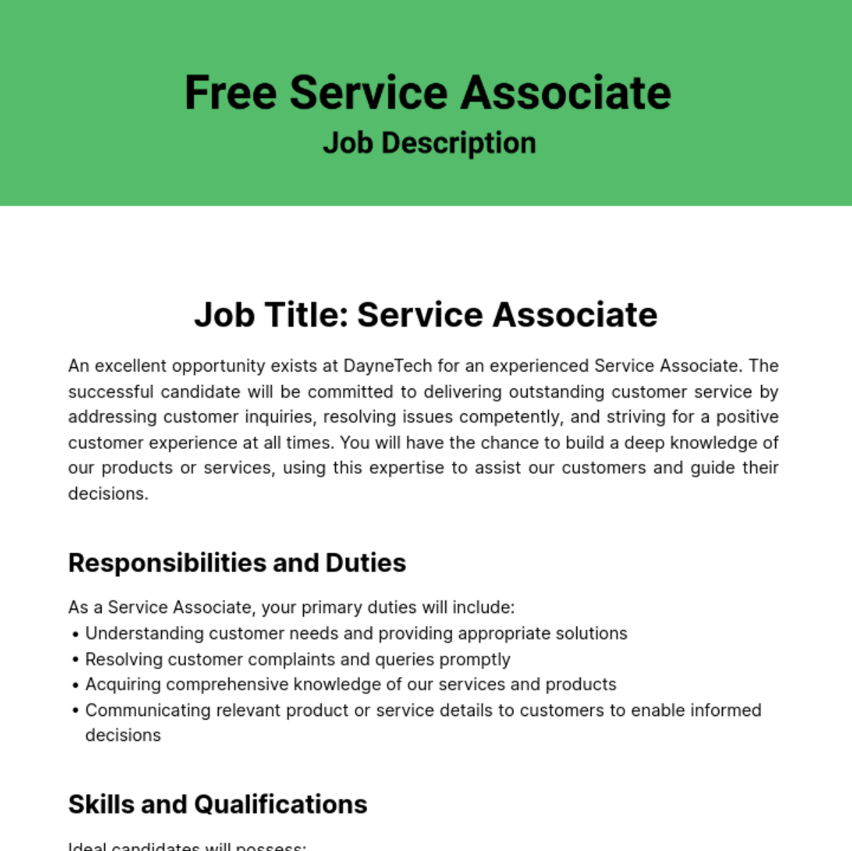 Service Associate Job Description Template