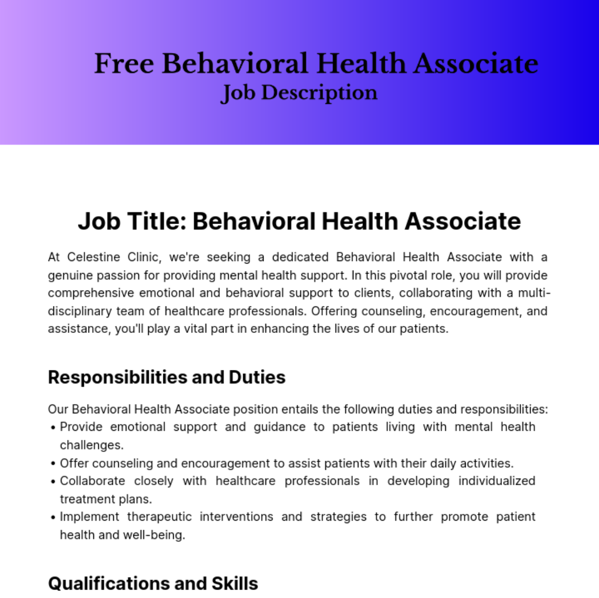 Behavioral Health Associate Job Description Template