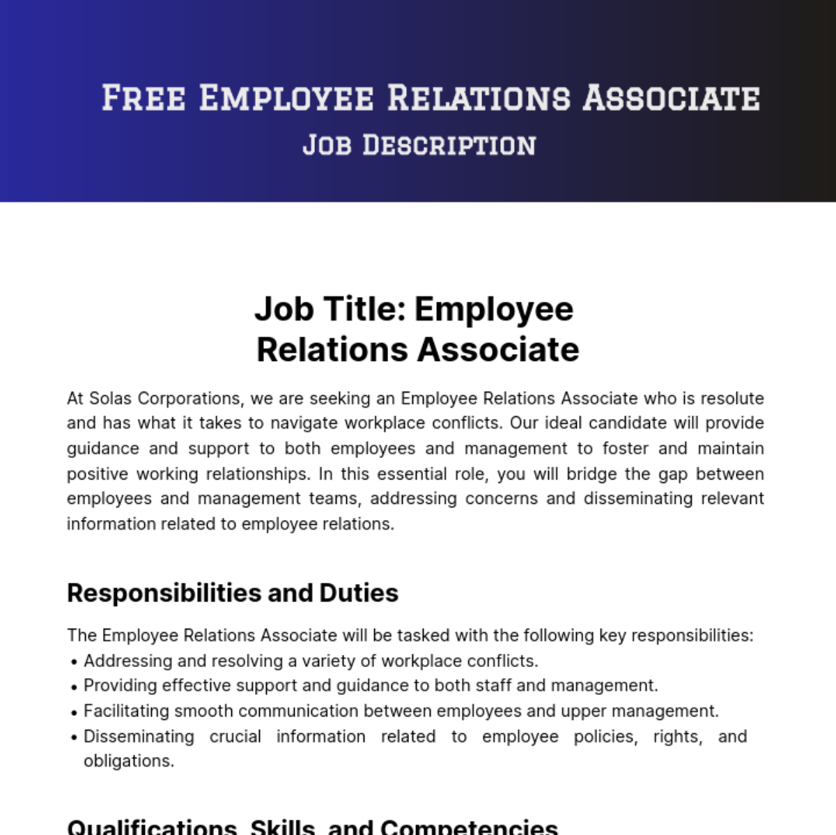 Employee Relations Associate Job Description Template
