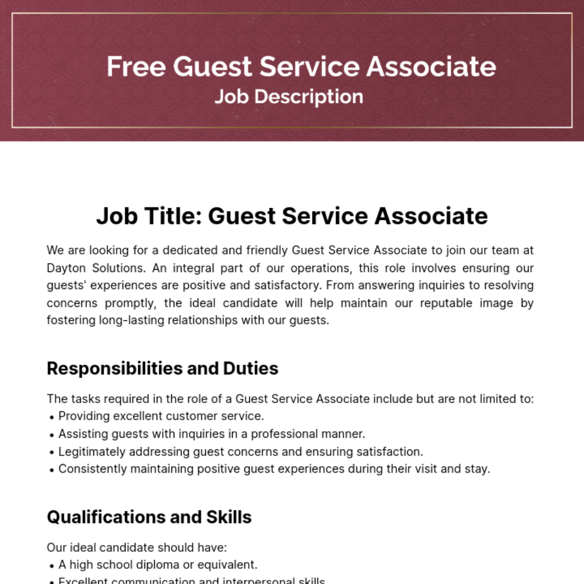 Guest Service Associate Job Description Template