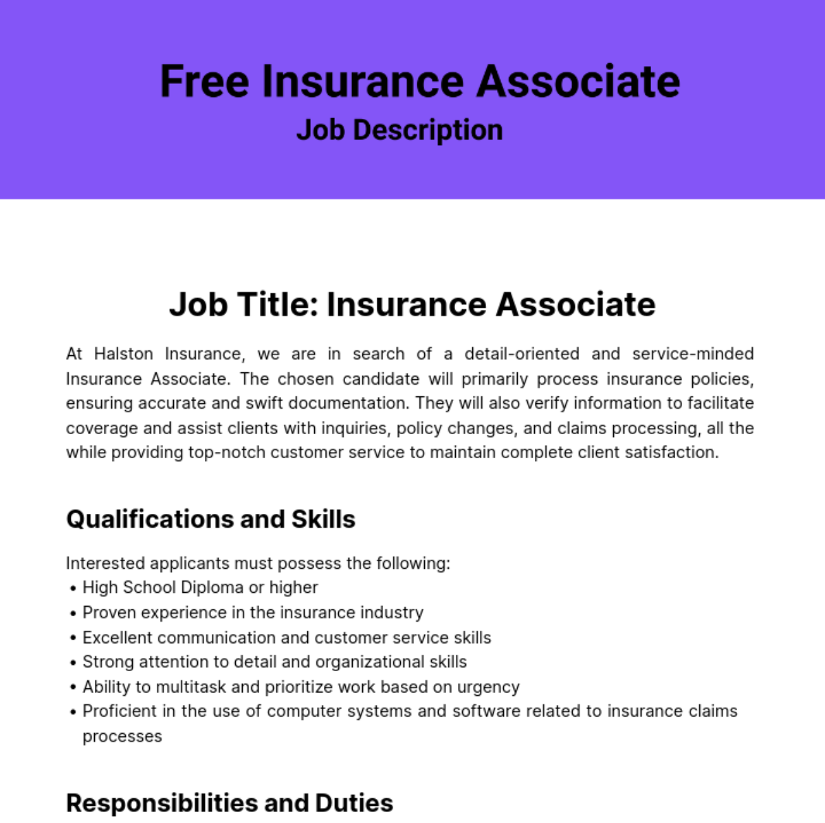 Insurance Associate Job Description Template