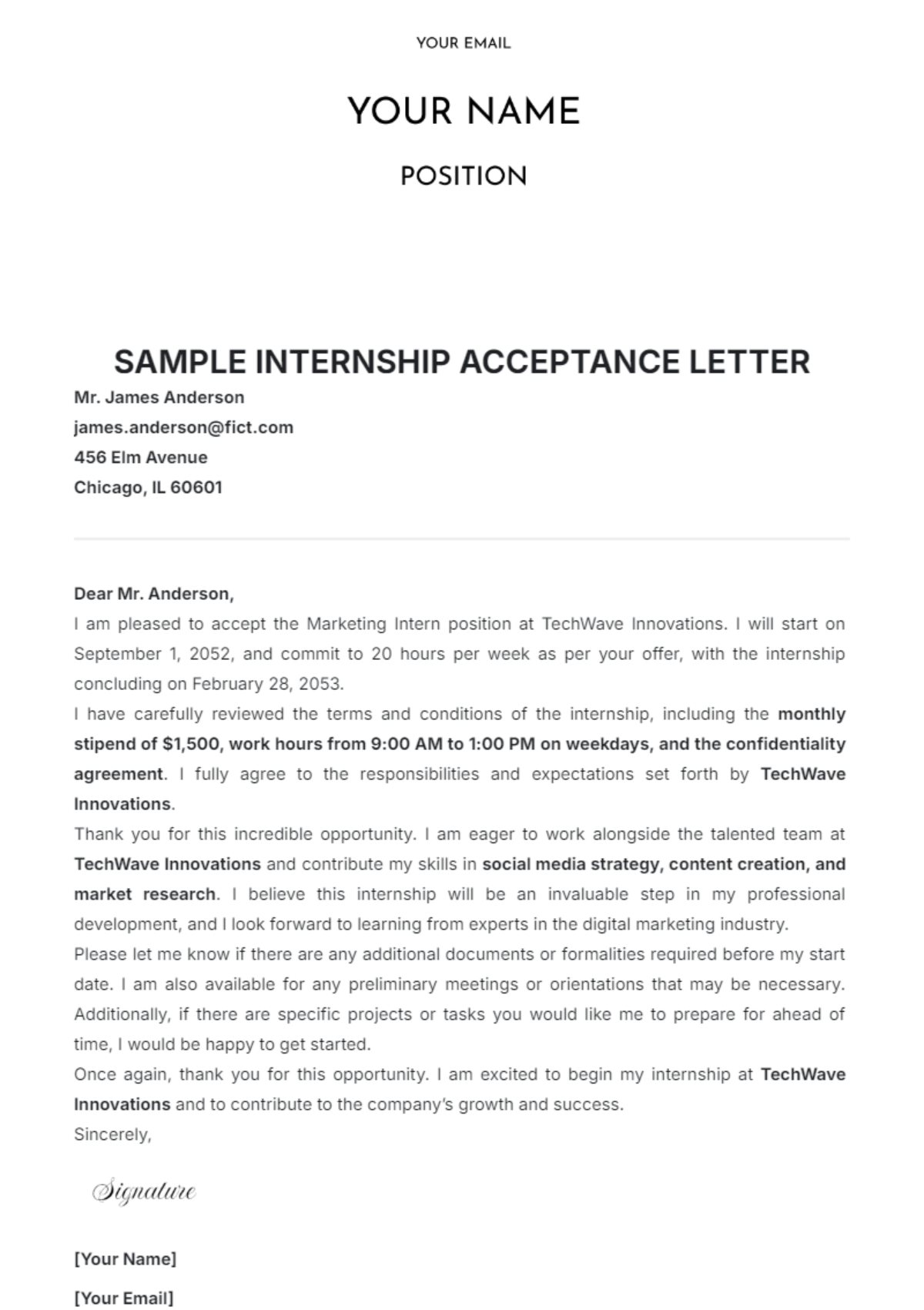 Sample Internship Acceptance Letter Template - Edit Online & Download