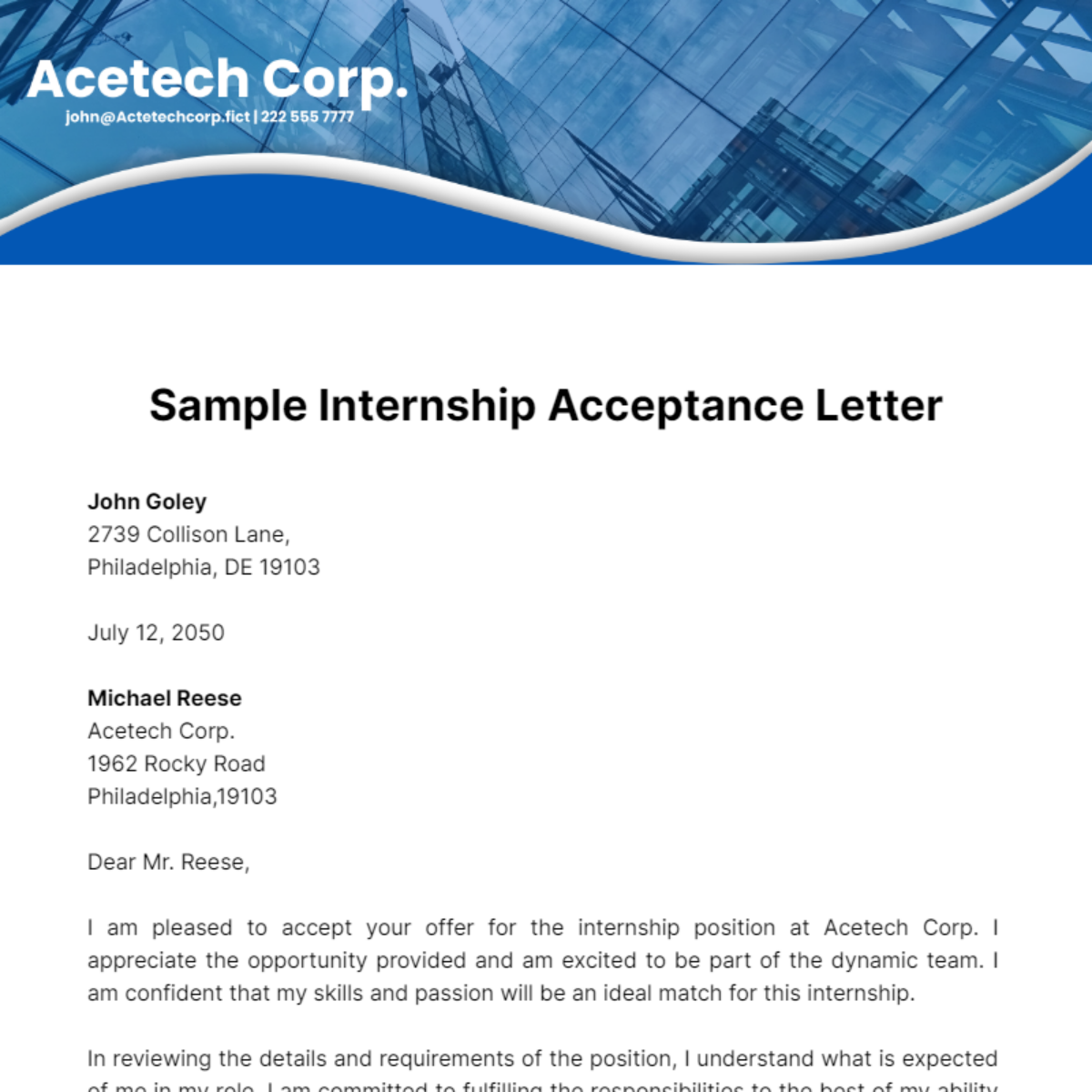 Sample Internship Acceptance Letter Template