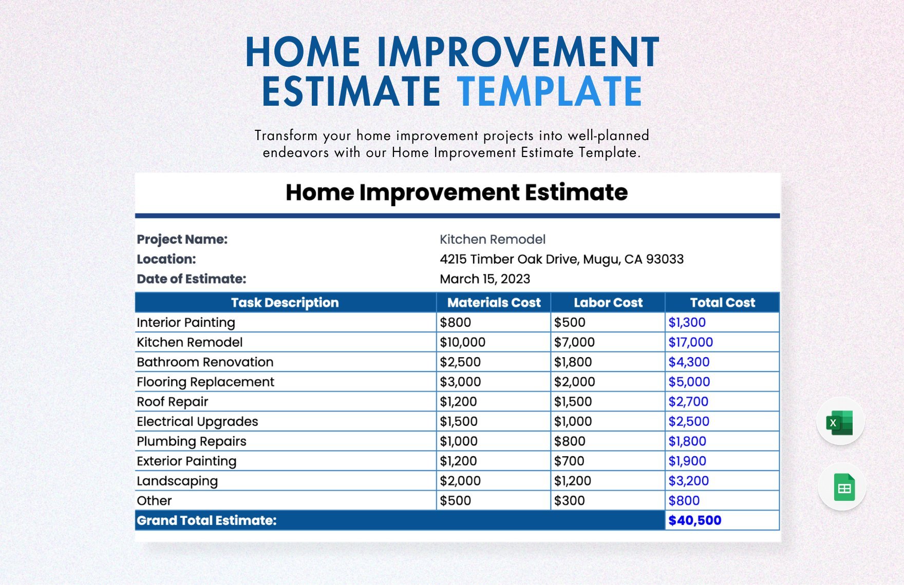 Free Home Improvement Estimate Template in Excel, Google Sheets