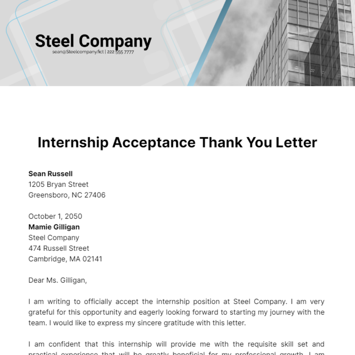 Internship Acceptance Thank You Letter Template