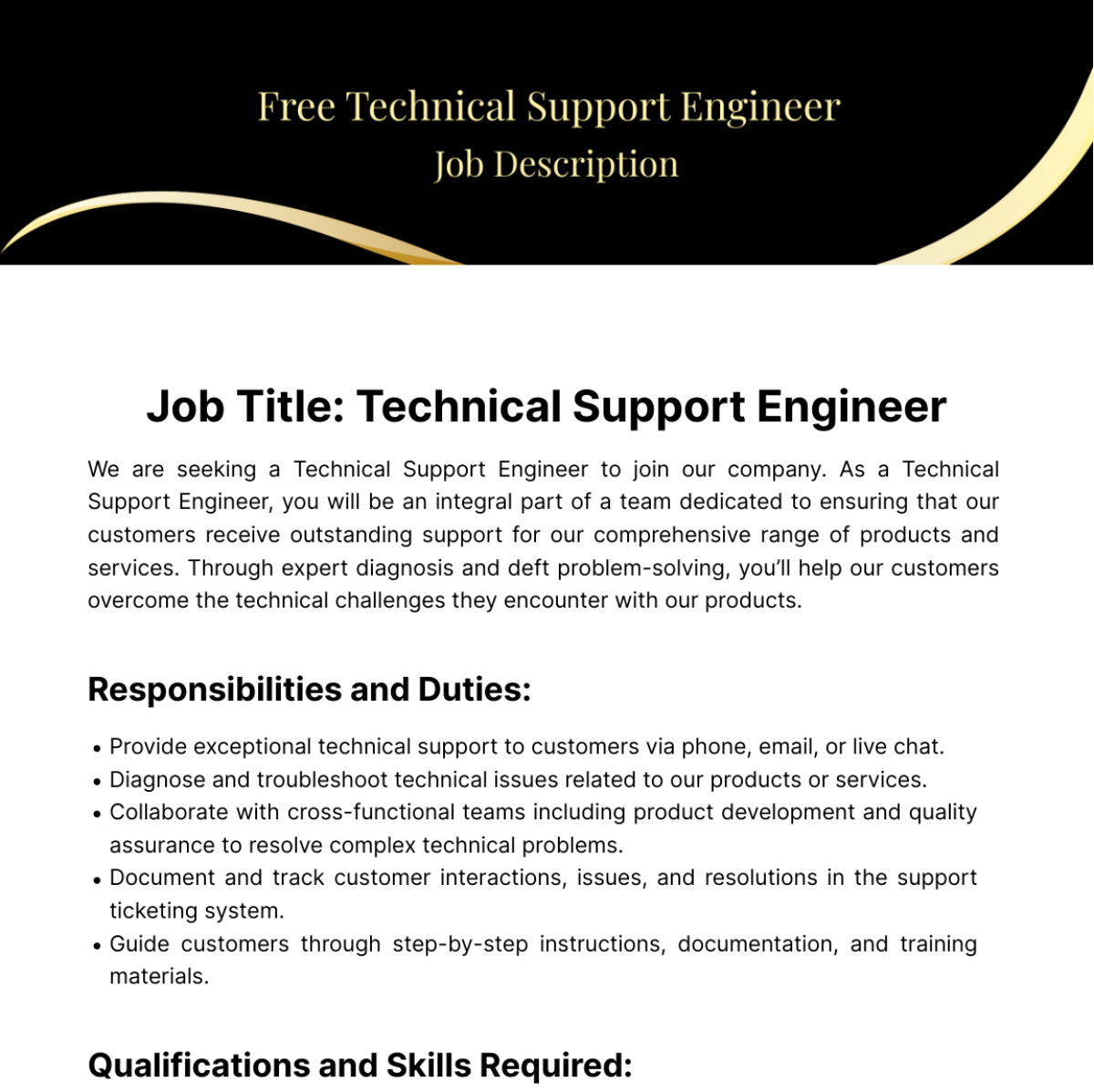 Technical Support Engineer Job Description Template