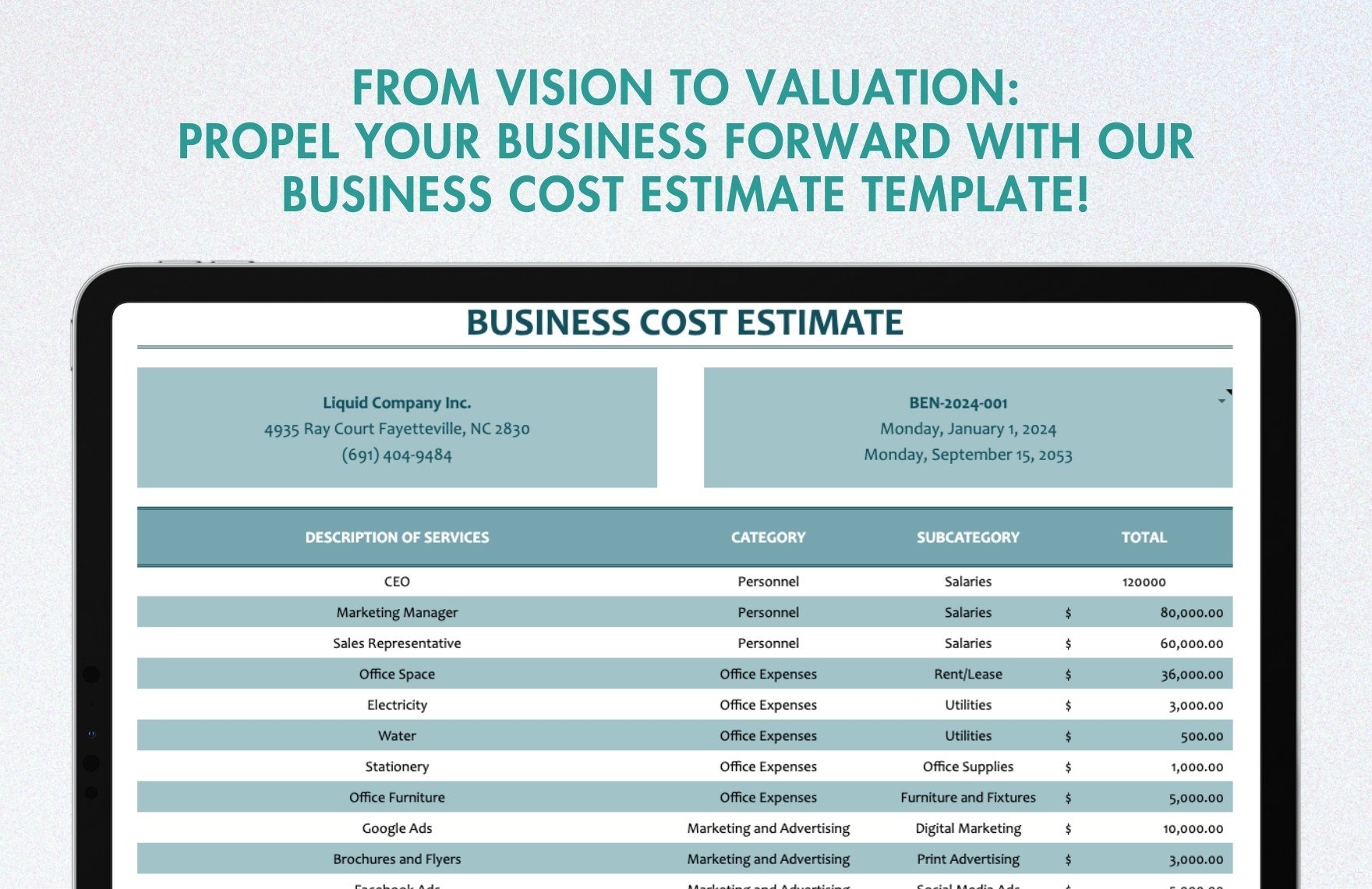 Business Cost Estimate Template