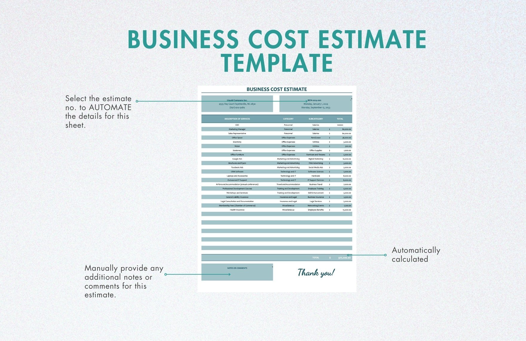 Business Cost Estimate Template