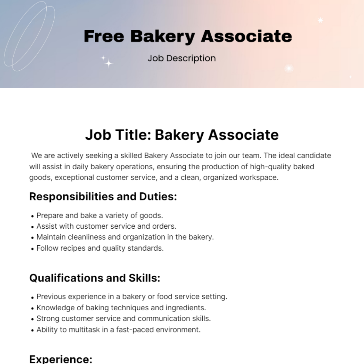 Bakery Associate Job Description Template