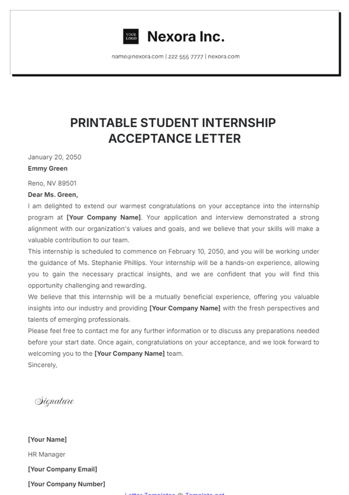 Printable Student Internship Acceptance Letter Template