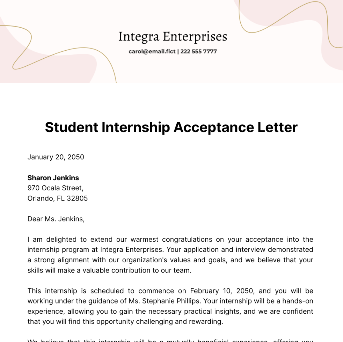 Free Student Internship Acceptance Letter Template
