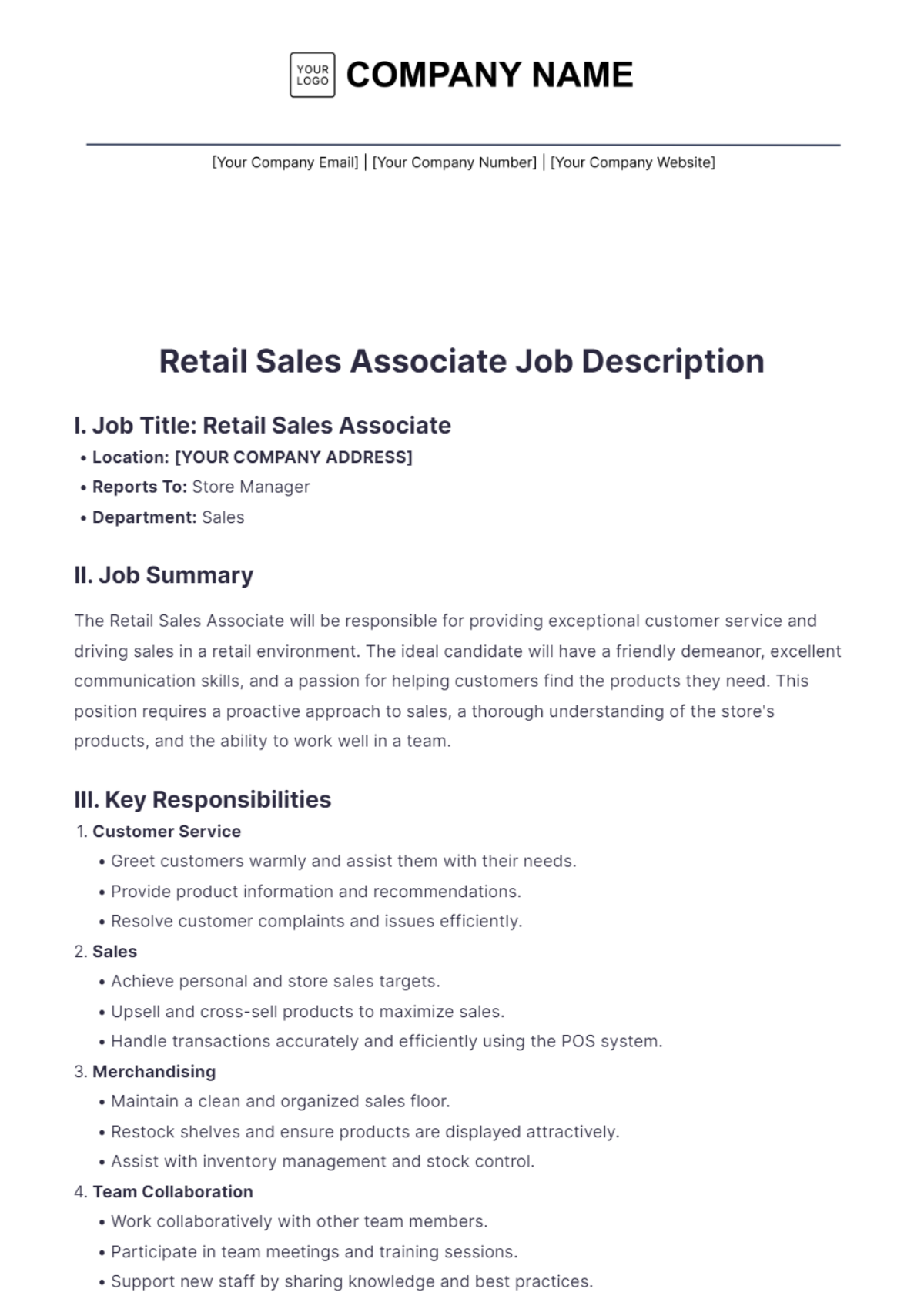 Retail Sales Associate Job Description - Edit Online & Download