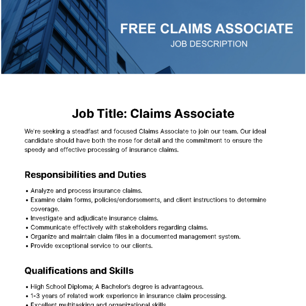 Claims Associate Job Description Template