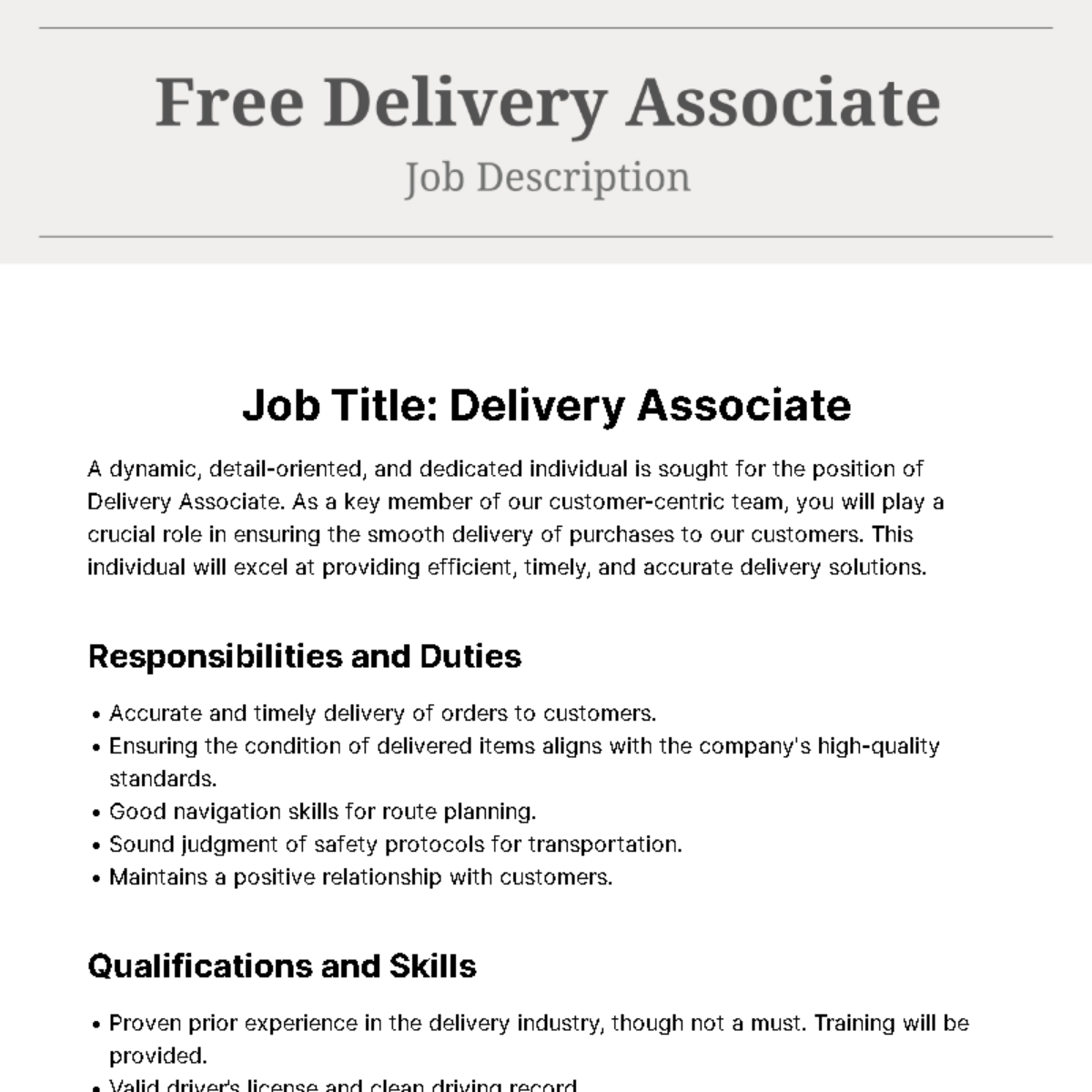 Delivery Associate Job Description Template