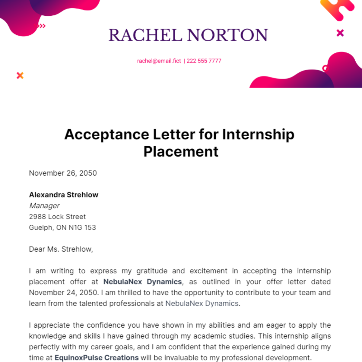 Acceptance Letter for Internship Plancement Template
