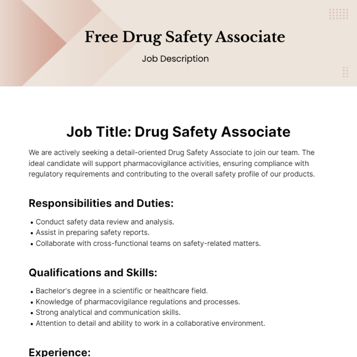 Drug Safety Associate Job Description Template