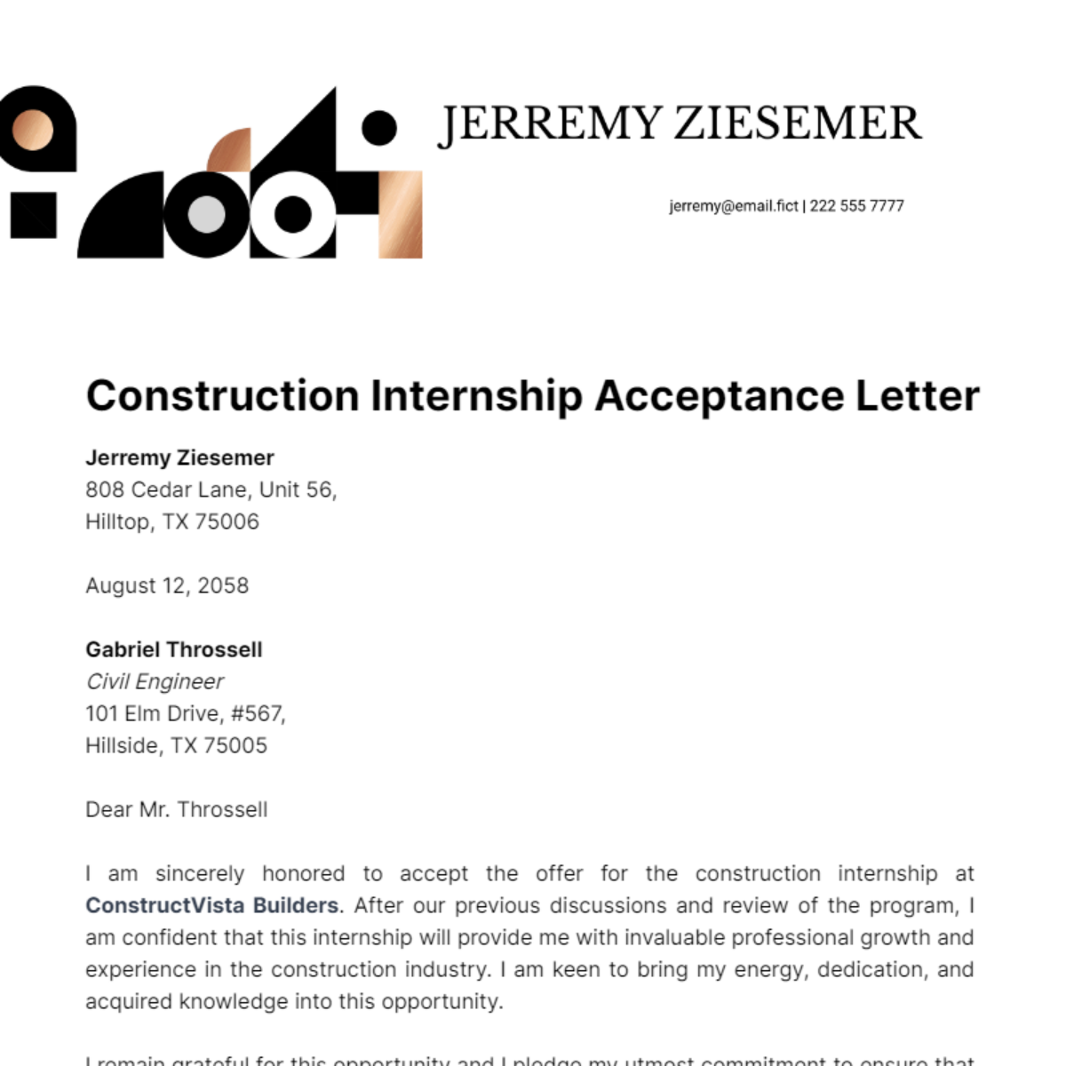 Construction Internship Acceptance Letter Template