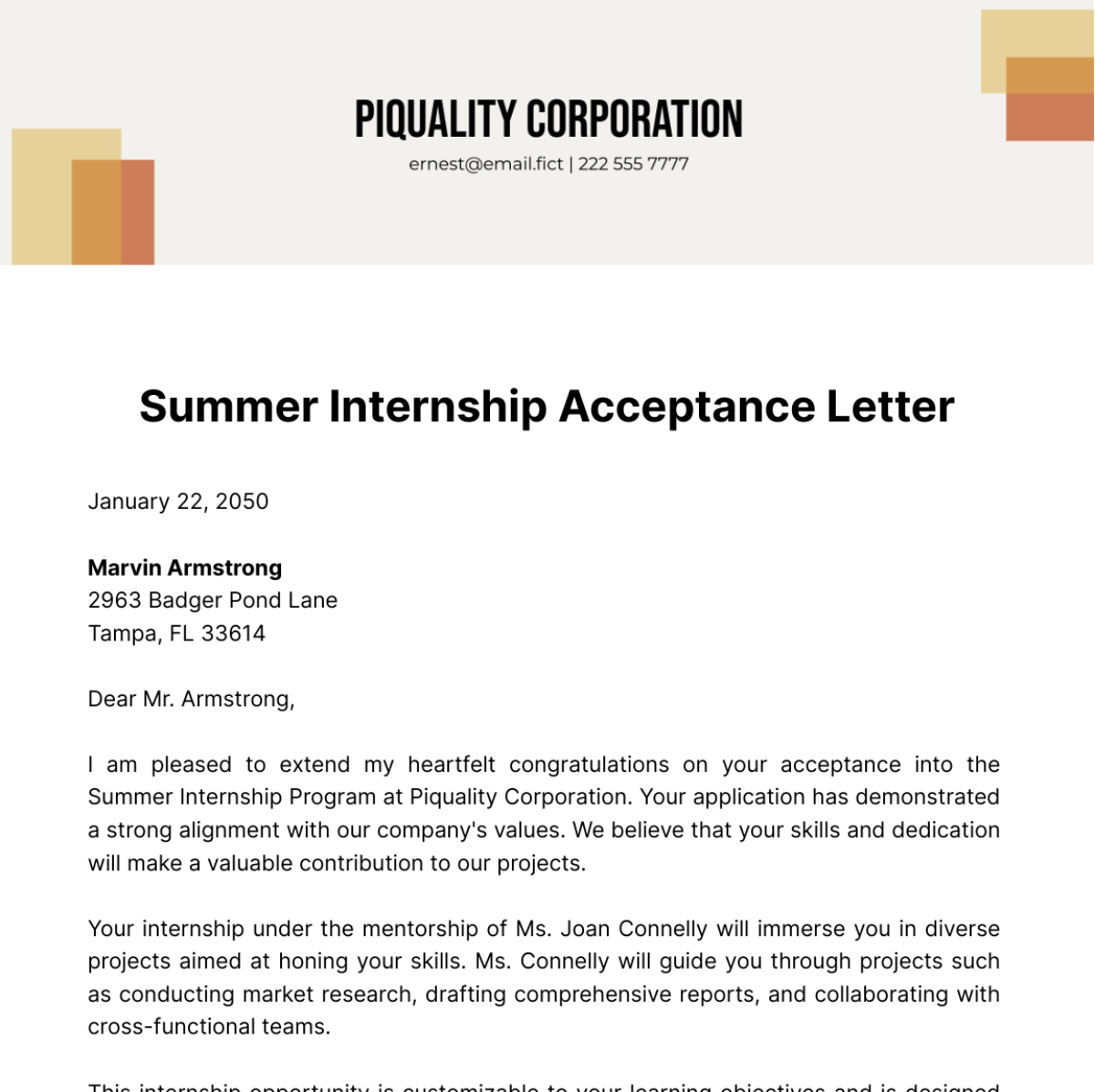 Free Summer Internship Acceptance Letter Template