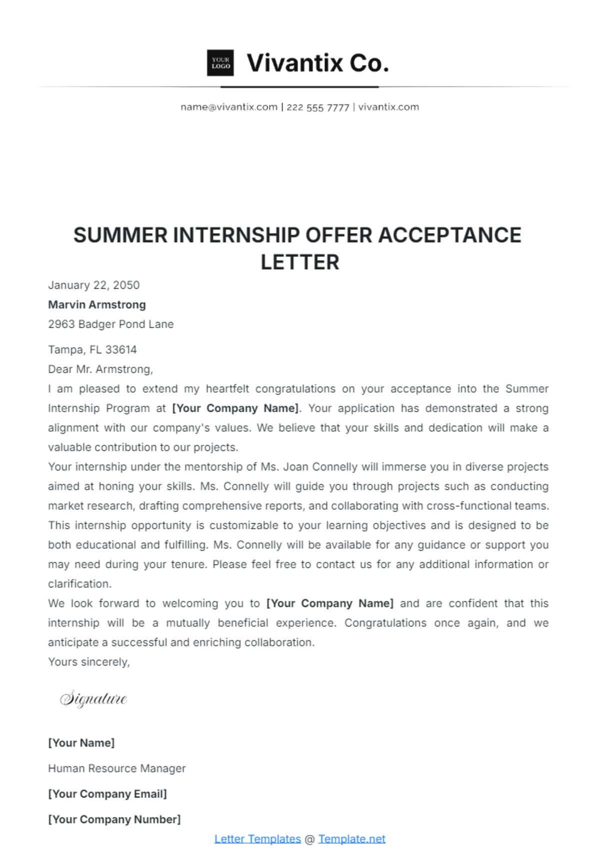 Summer Internship Offer Acceptance Letter Template - Edit Online & Download