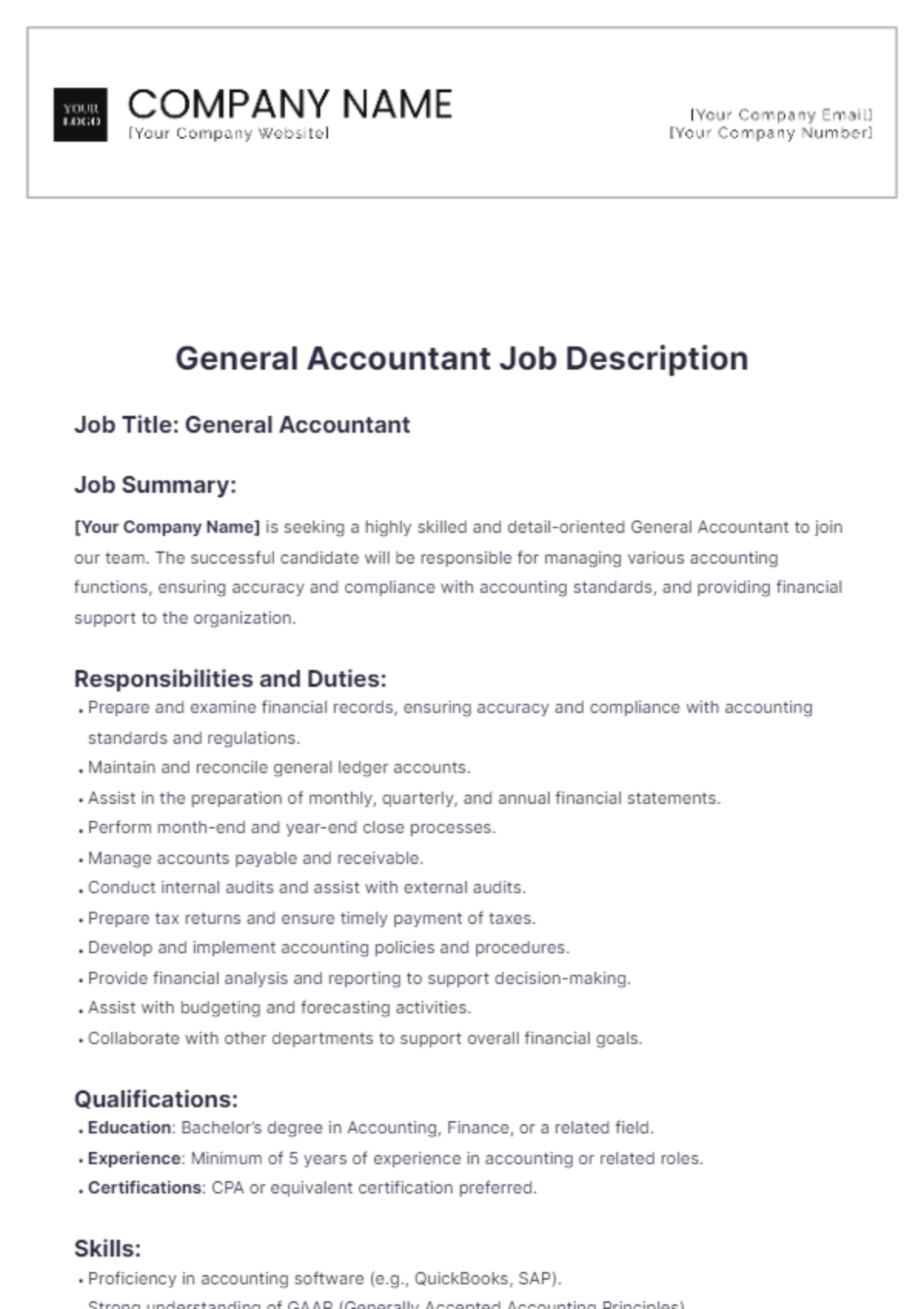 General Accountant Job Description Template - Edit Online & Download