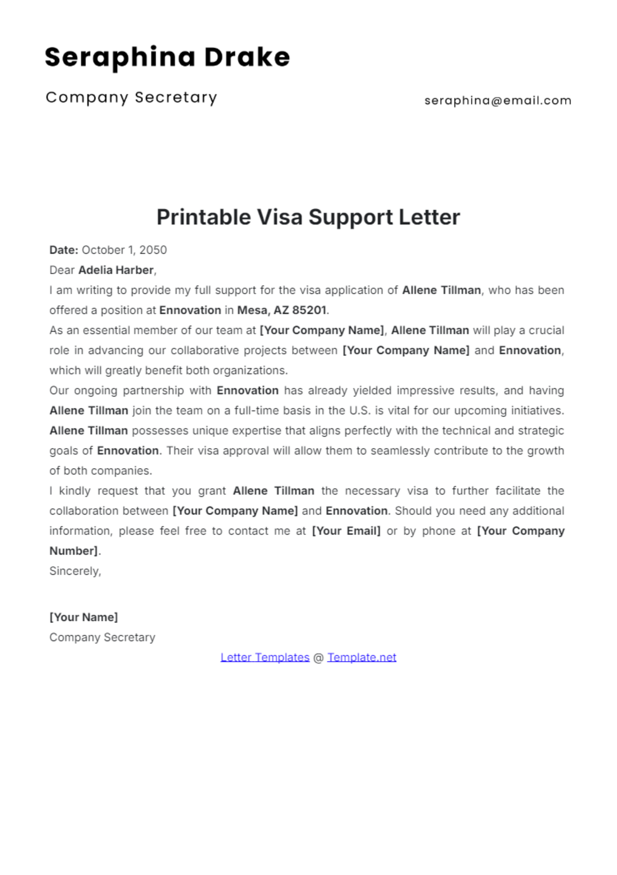 Printable Visa Support Letter Template - Edit Online & Download