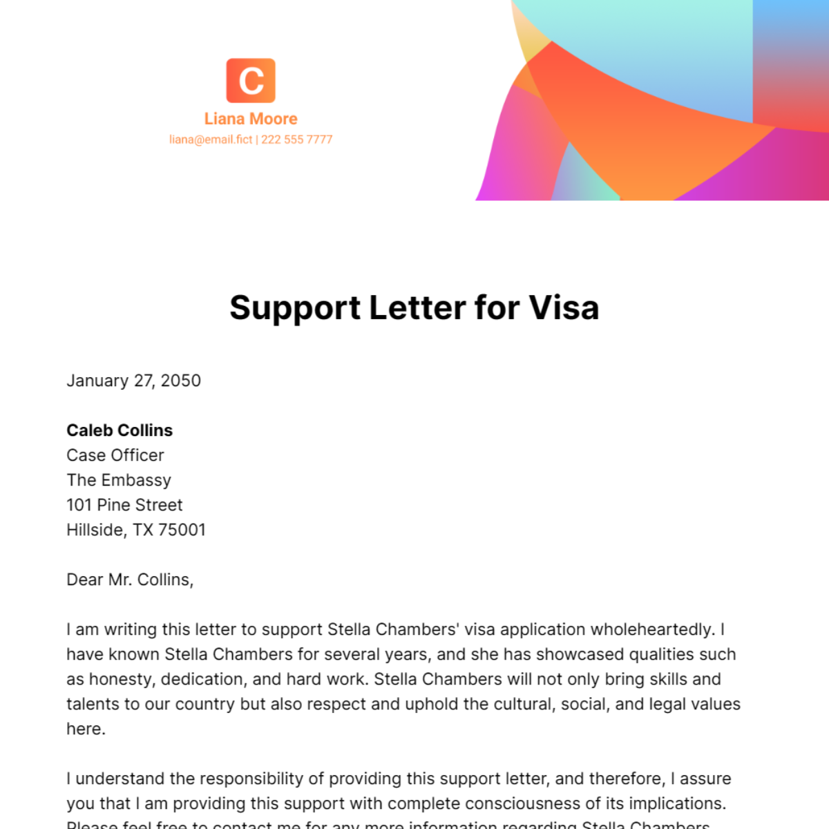 Support Letter for Visa Template