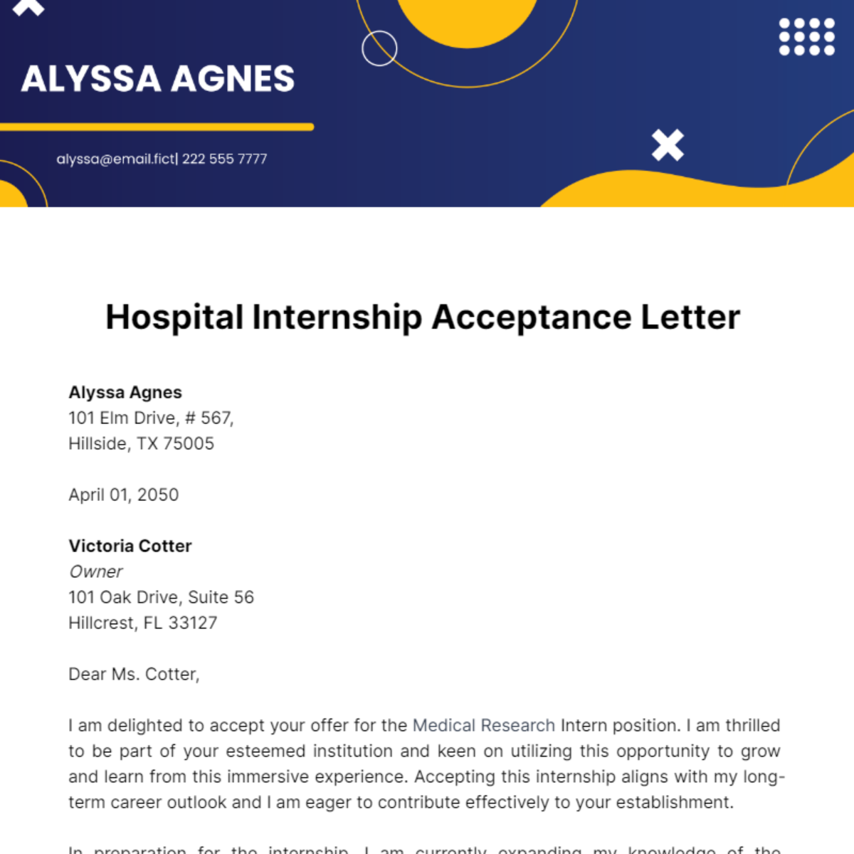 Hospital Internship Acceptance Letter  Template