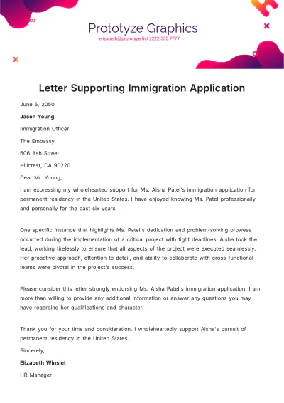 Free Letter Supporting Immigration Application Template to Edit Online