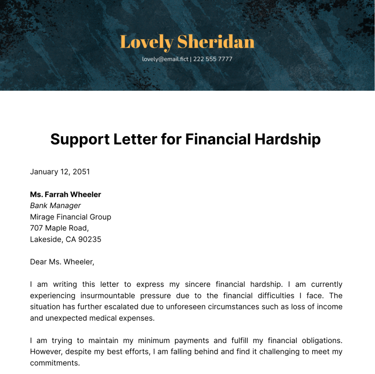 Support Letter for Financial Hardship Template