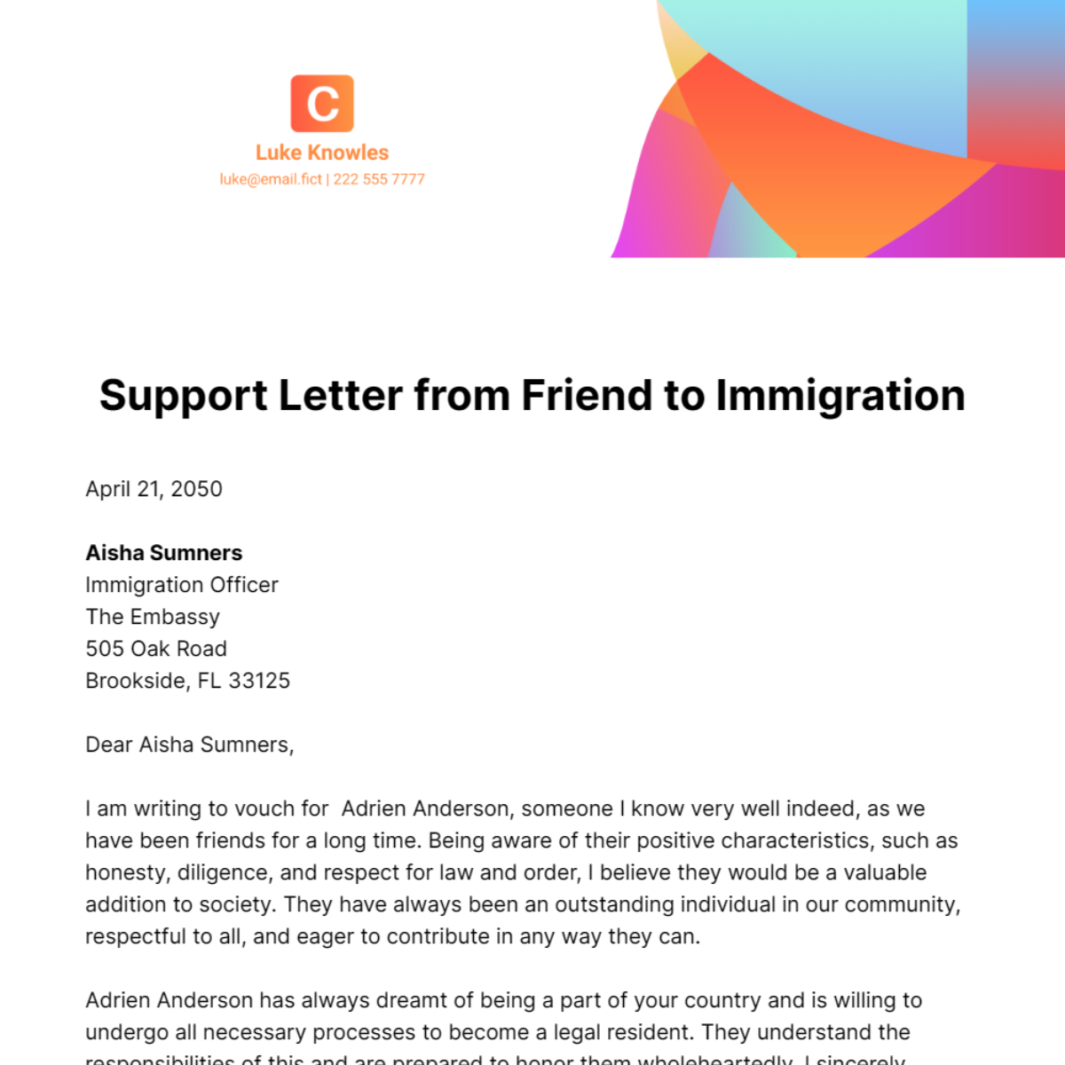 Support Letter from Friend to Immigration Template