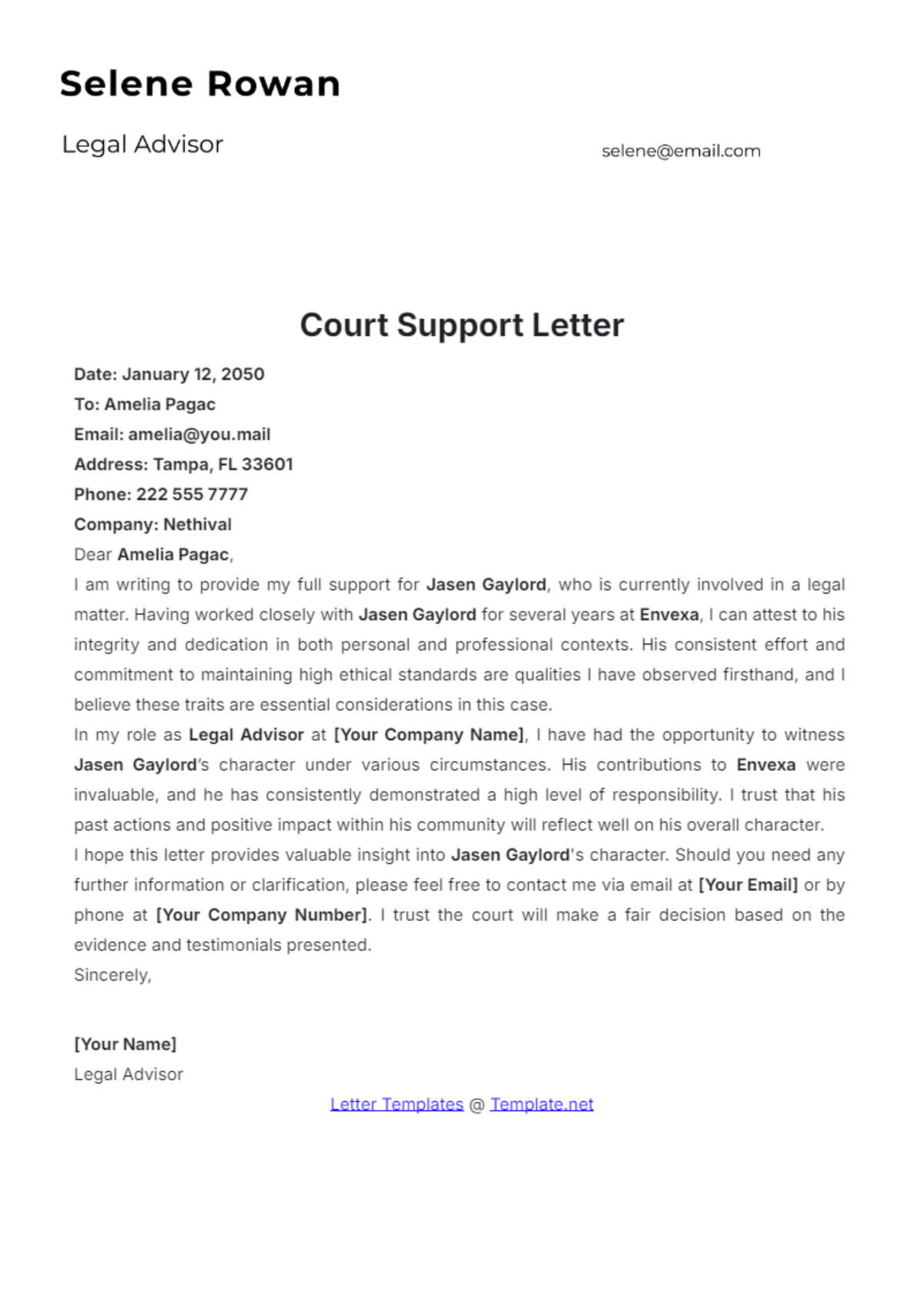 Court Support Letter Template - Edit Online & Download