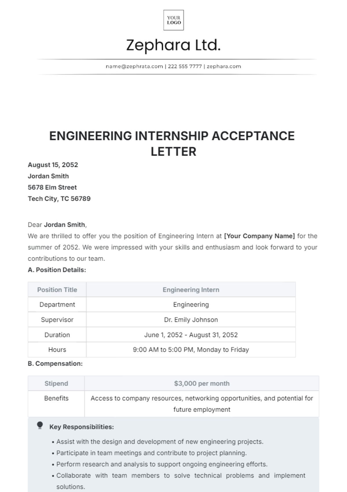 Engineering Internship Acceptance Letter Template - Edit Online & Download