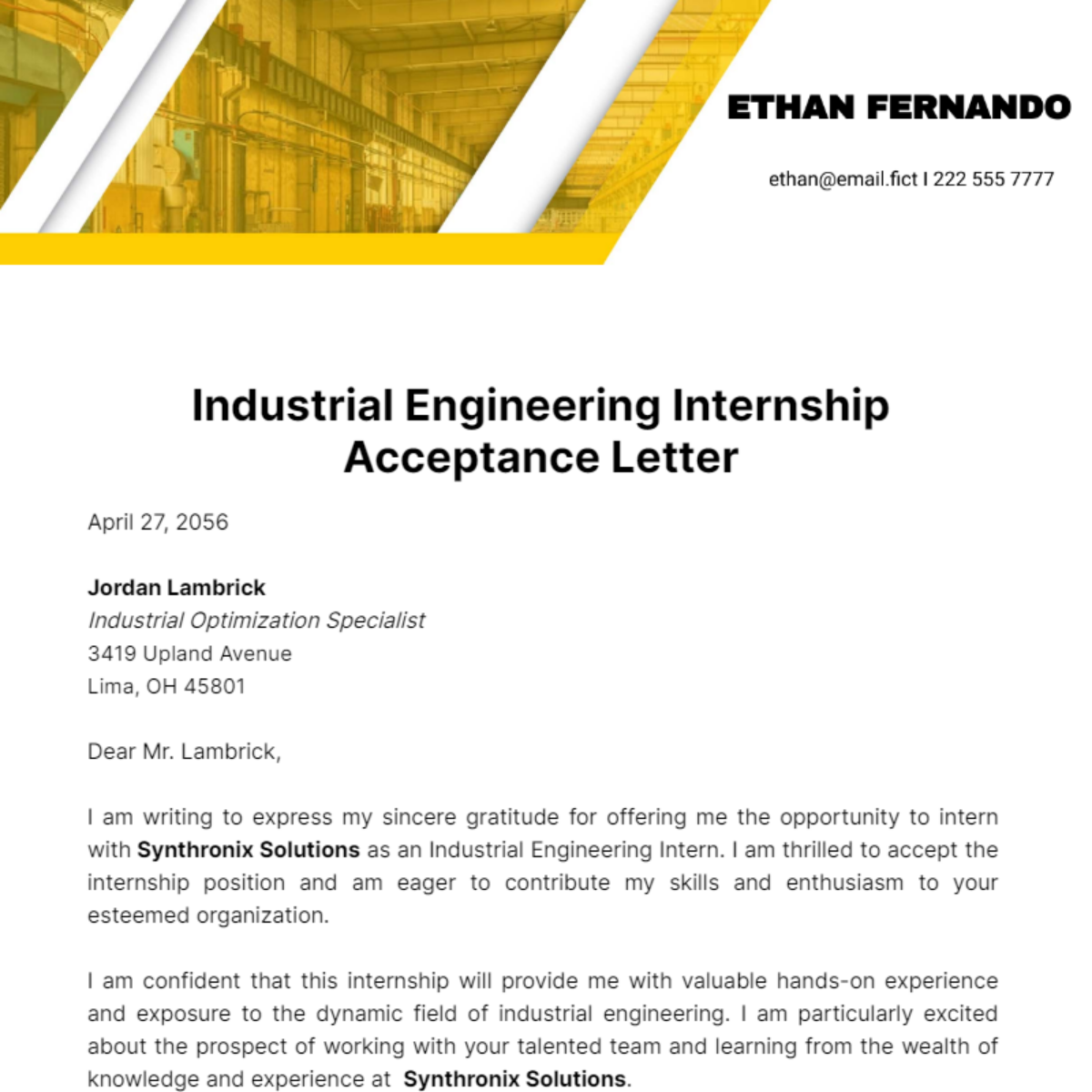 Industrial Engineering Internship Acceptance Letter Template