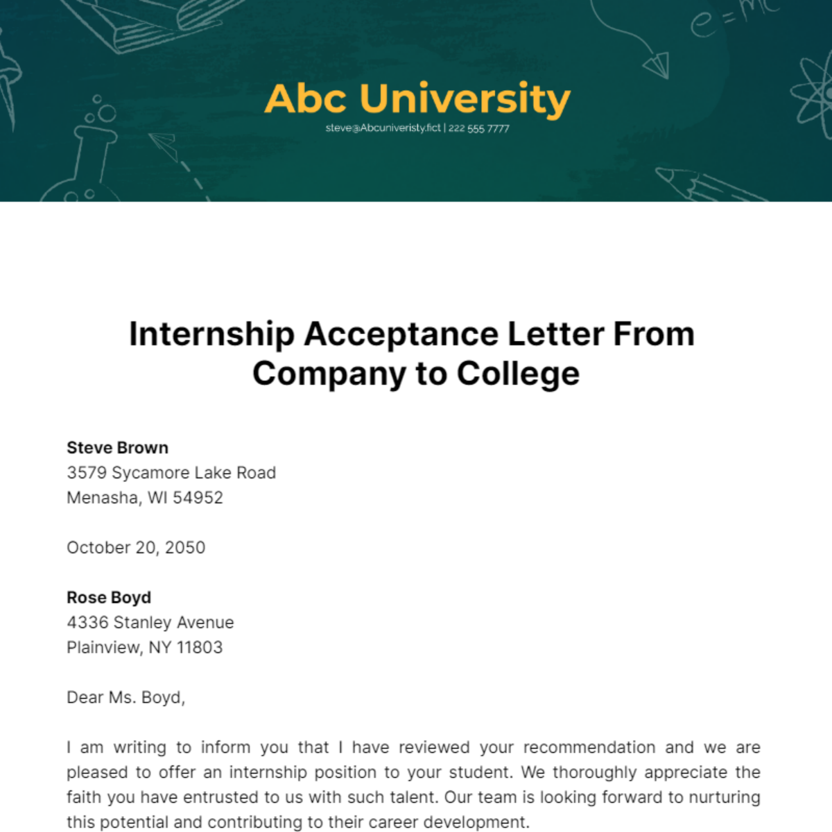 Internship Acceptance Letter from Company to College Template