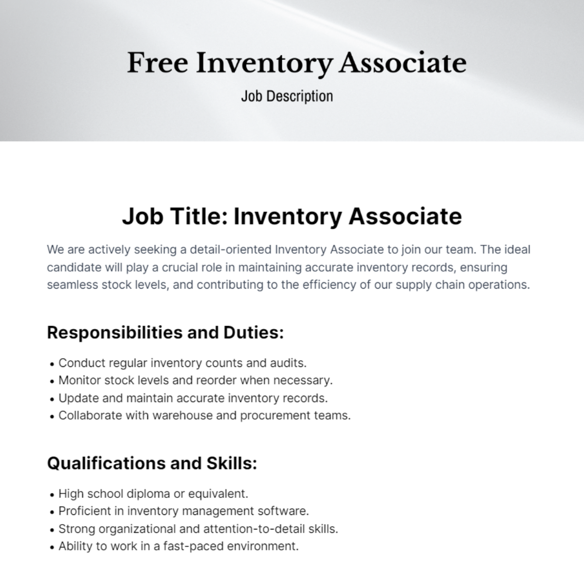 Inventory Associate Job Description Template