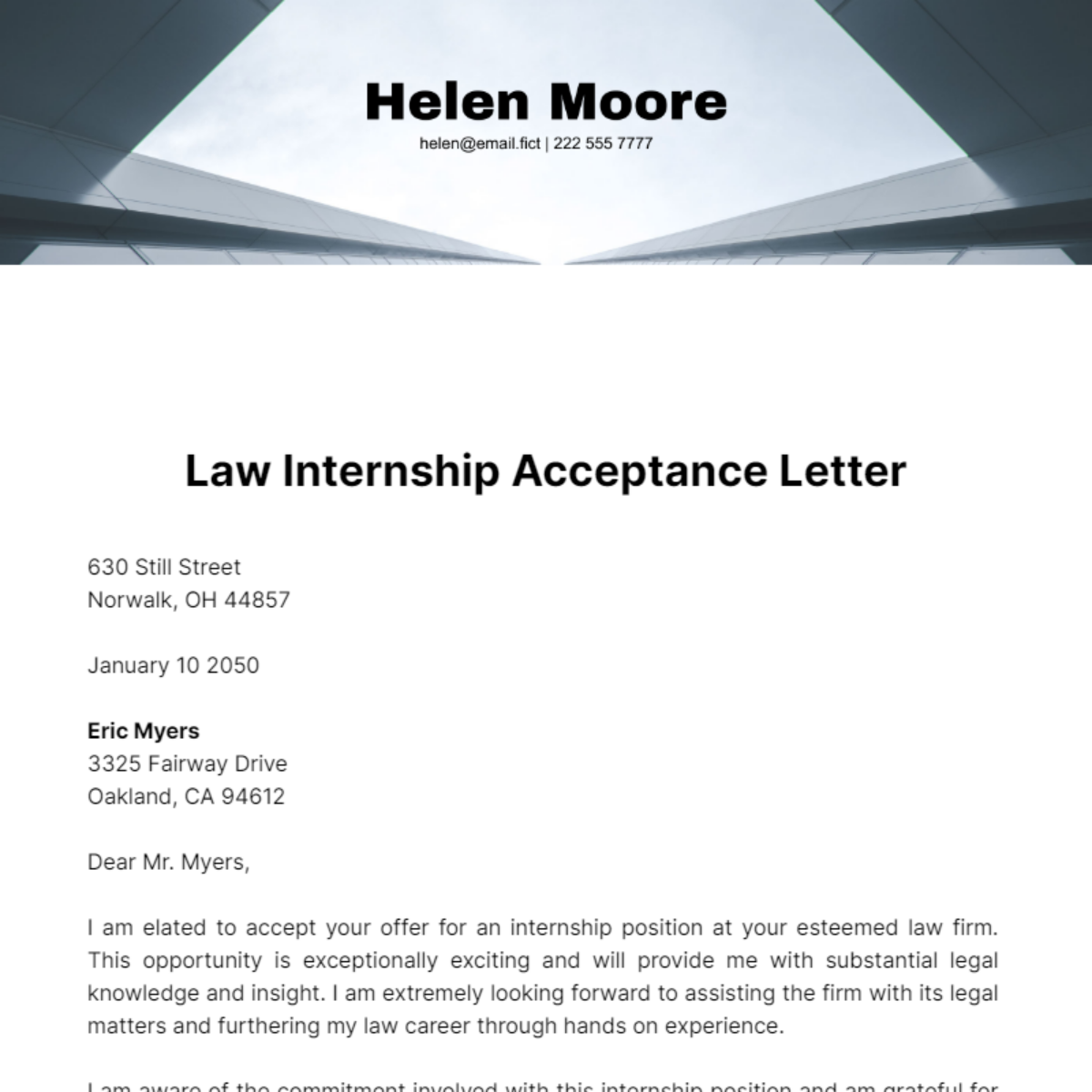 Free Law Internship Acceptance Letter Template