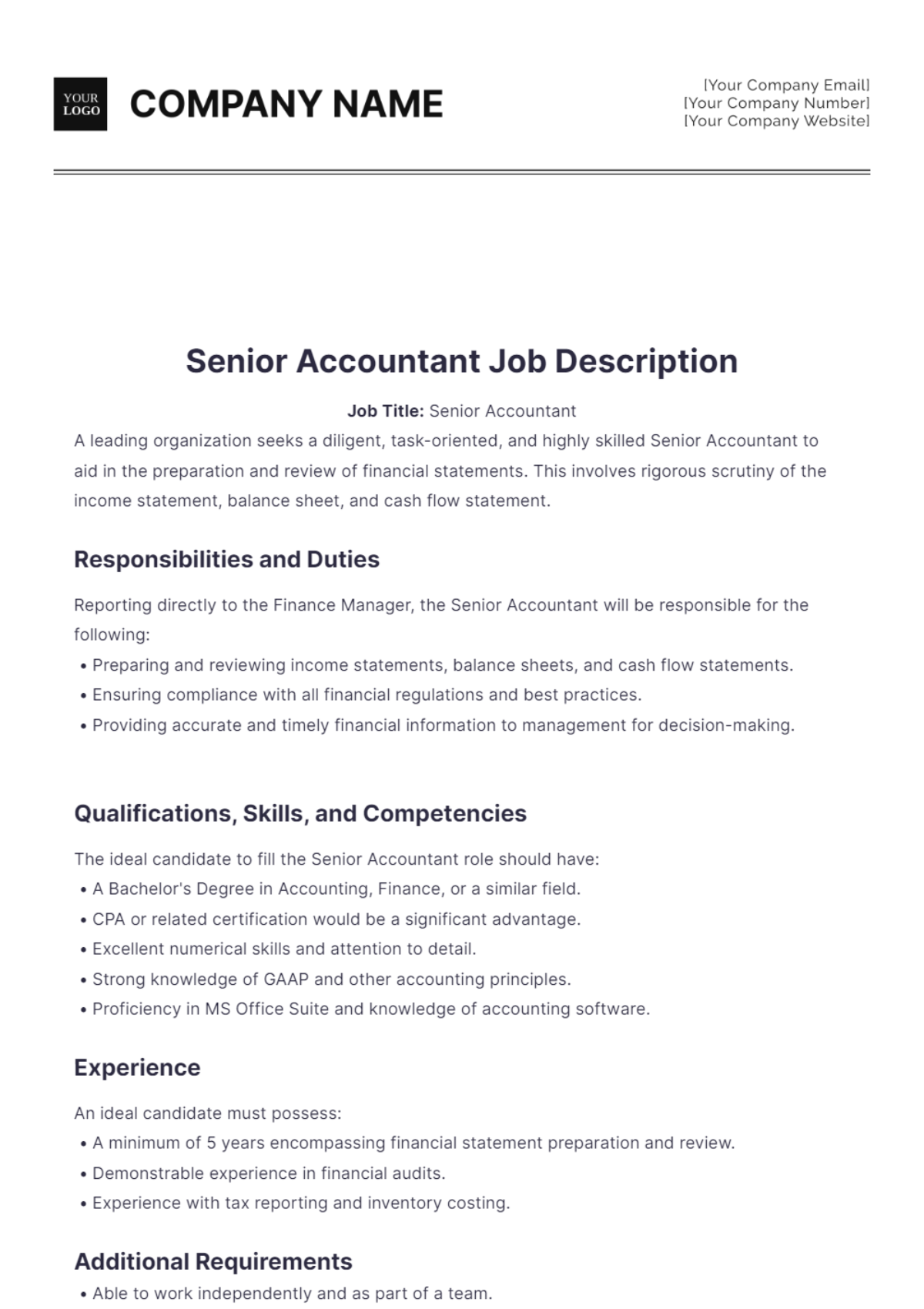 Senior Accountant Job Description Template