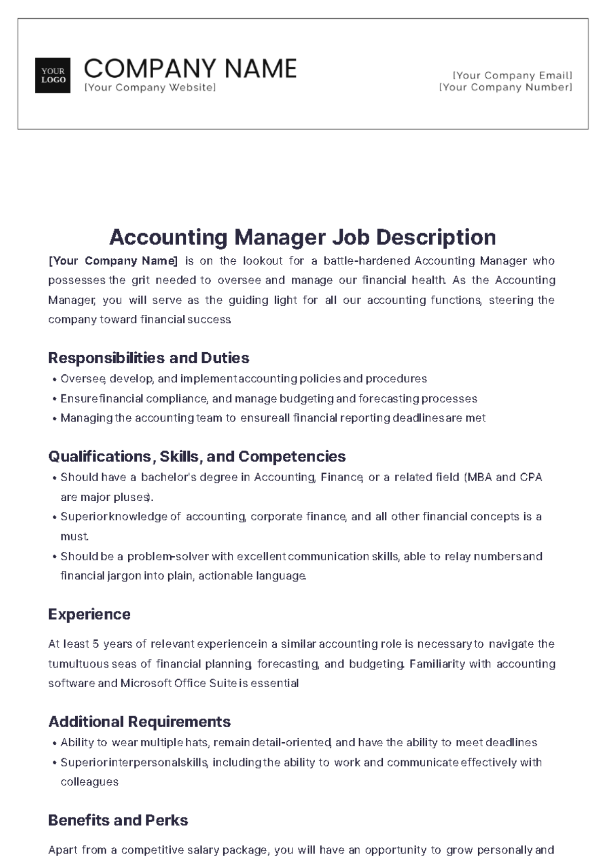 Accounting Manager Job Description Template