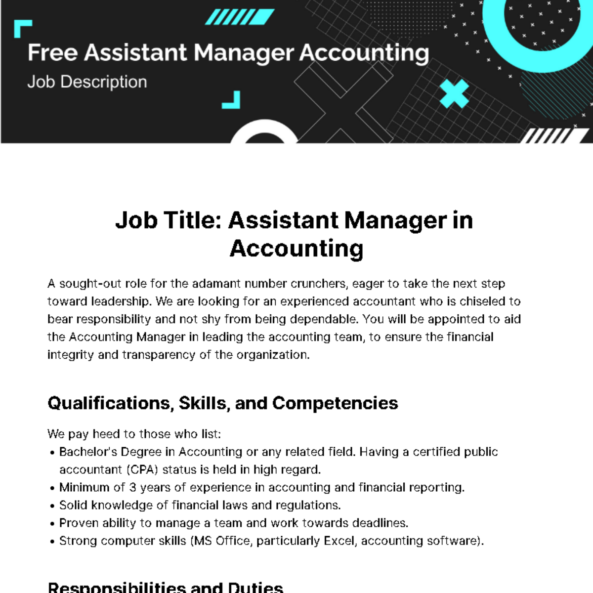 Assistant Manager Accounting Job Description Template