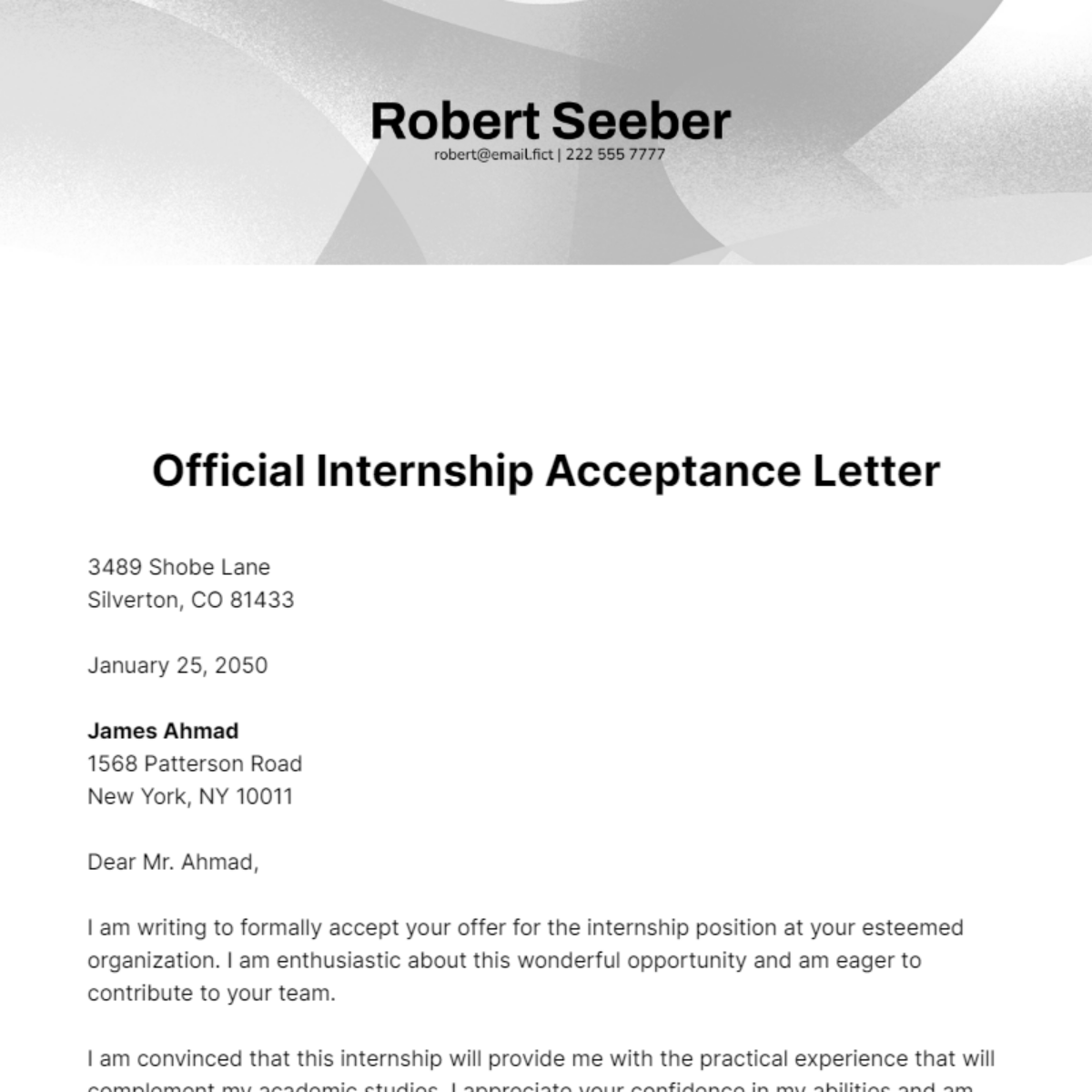 Official Internship Acceptance Letter Template