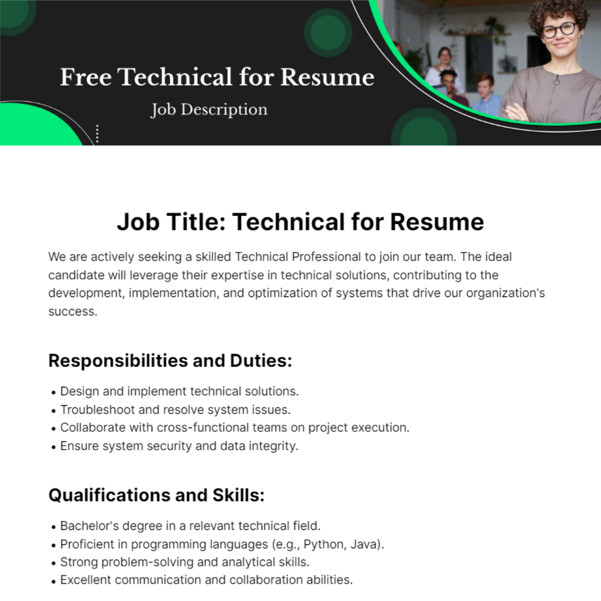 Technical Job Description for Resume Template