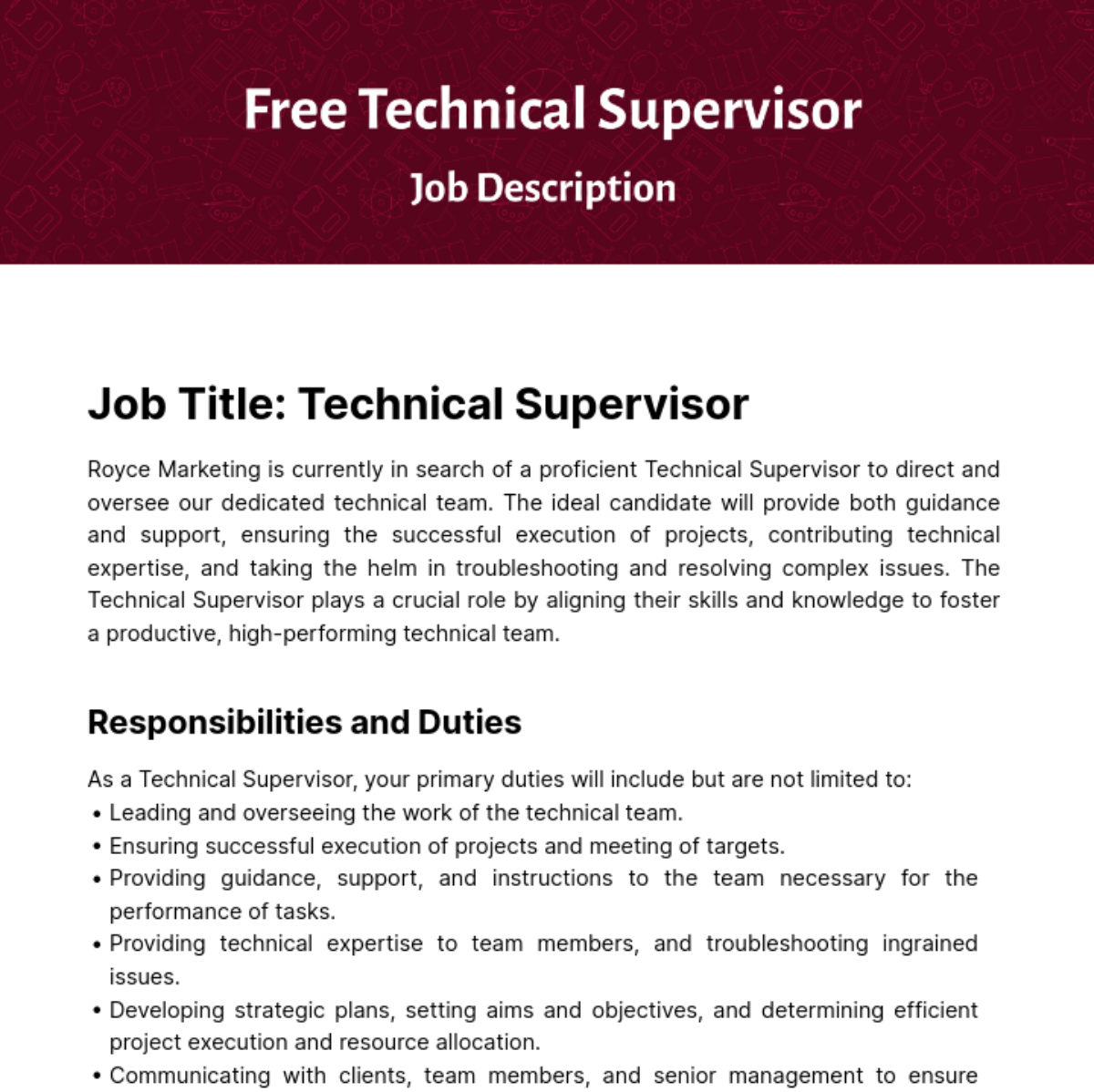 Technical Supervisor Job Description Template